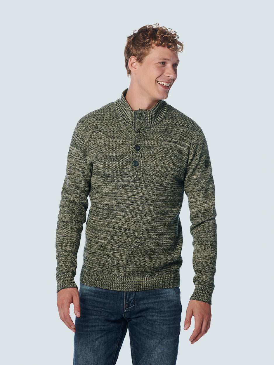 Pullover Half Zipper + Button Multi Coloured Jacquard | Dark Green