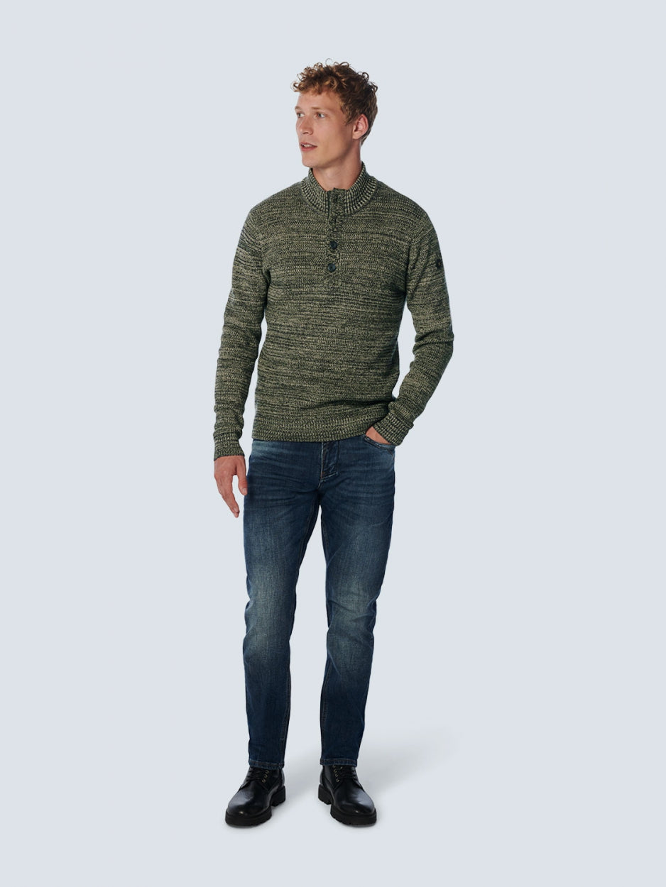 Pullover Half Zipper + Button Multi Coloured Jacquard | Dark Green