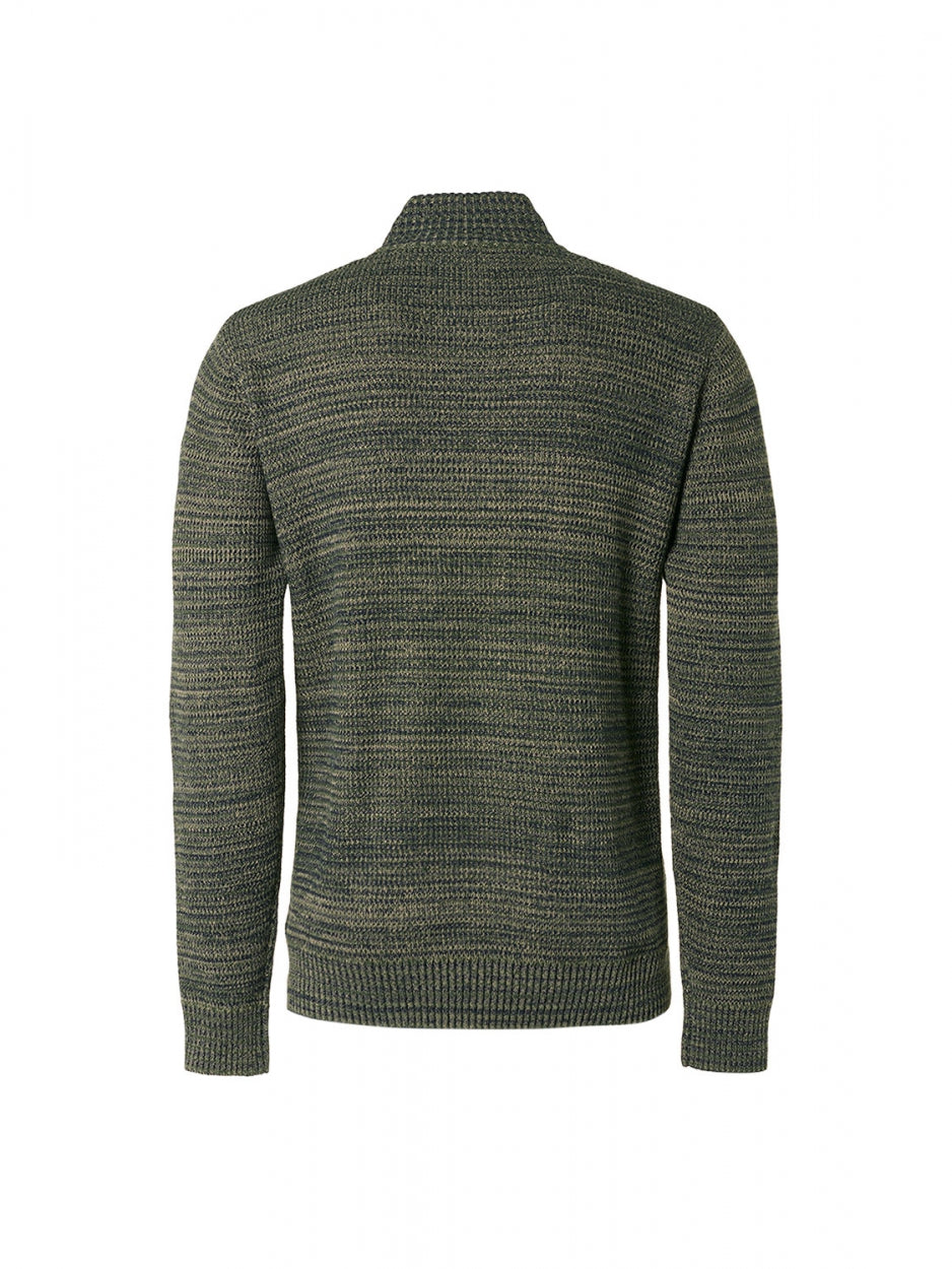 Pullover Half Zipper + Button Multi Coloured Jacquard | Dark Green