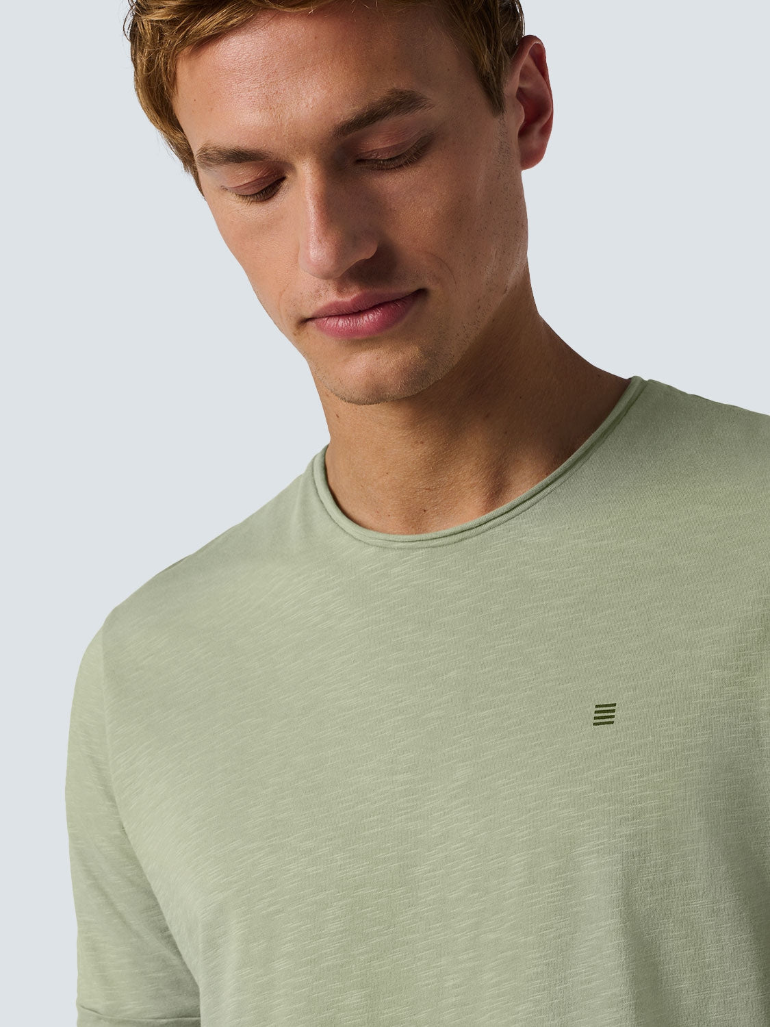 Round Neck T-Shirt with Rolled Sleeve Cuffs and Subtle Logo Print | Smoke