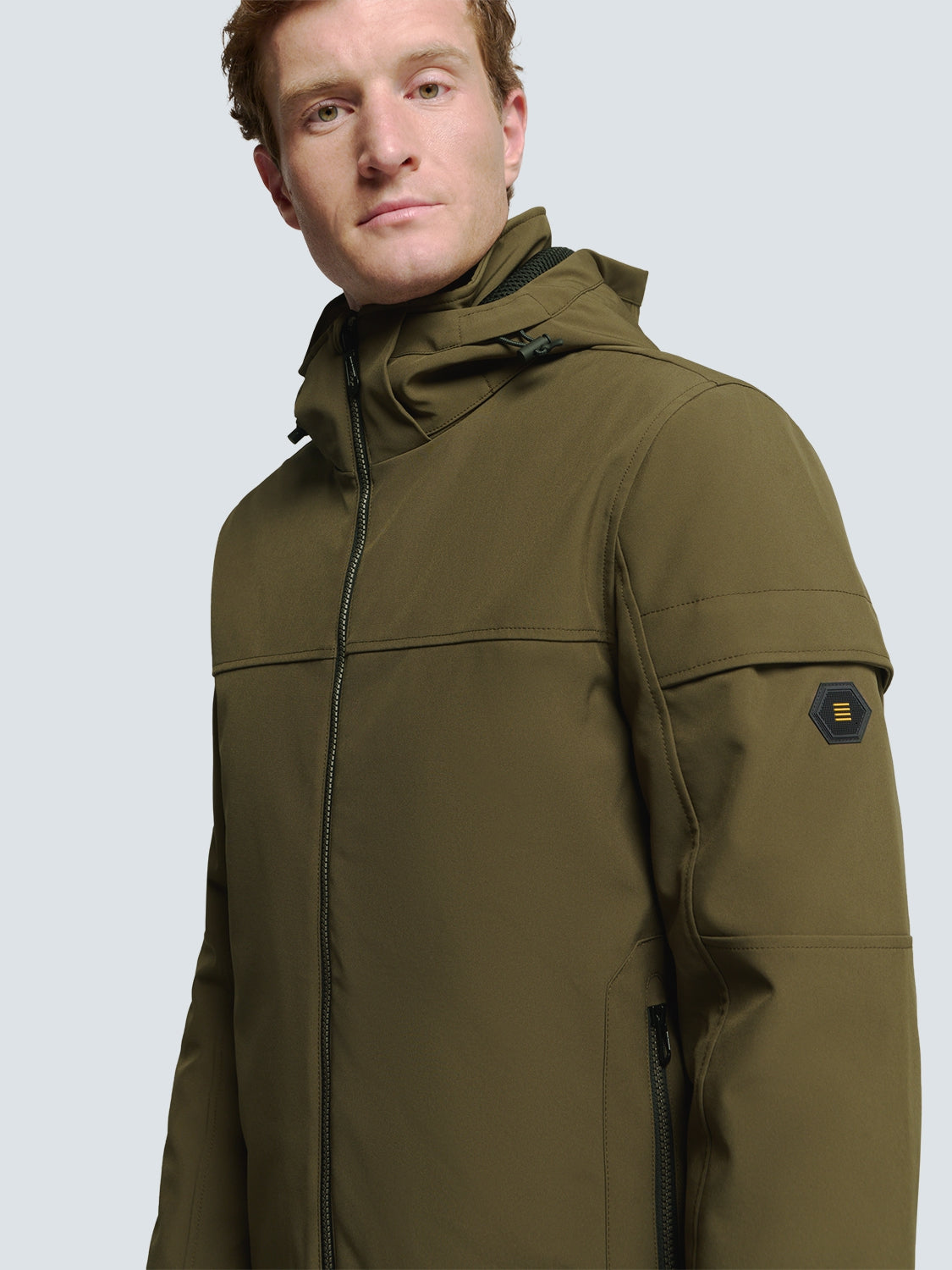 Short Softshell Jacket with Hood, Stretch, and Sleeve Pocket: Functional and Stylish | Taupe