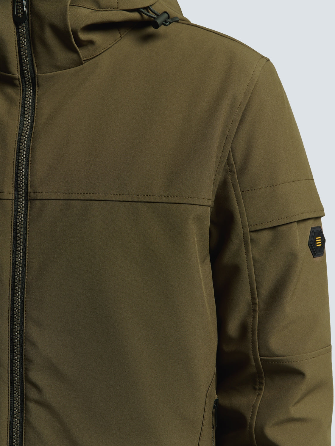 Short Softshell Jacket with Hood, Stretch, and Sleeve Pocket: Functional and Stylish | Taupe