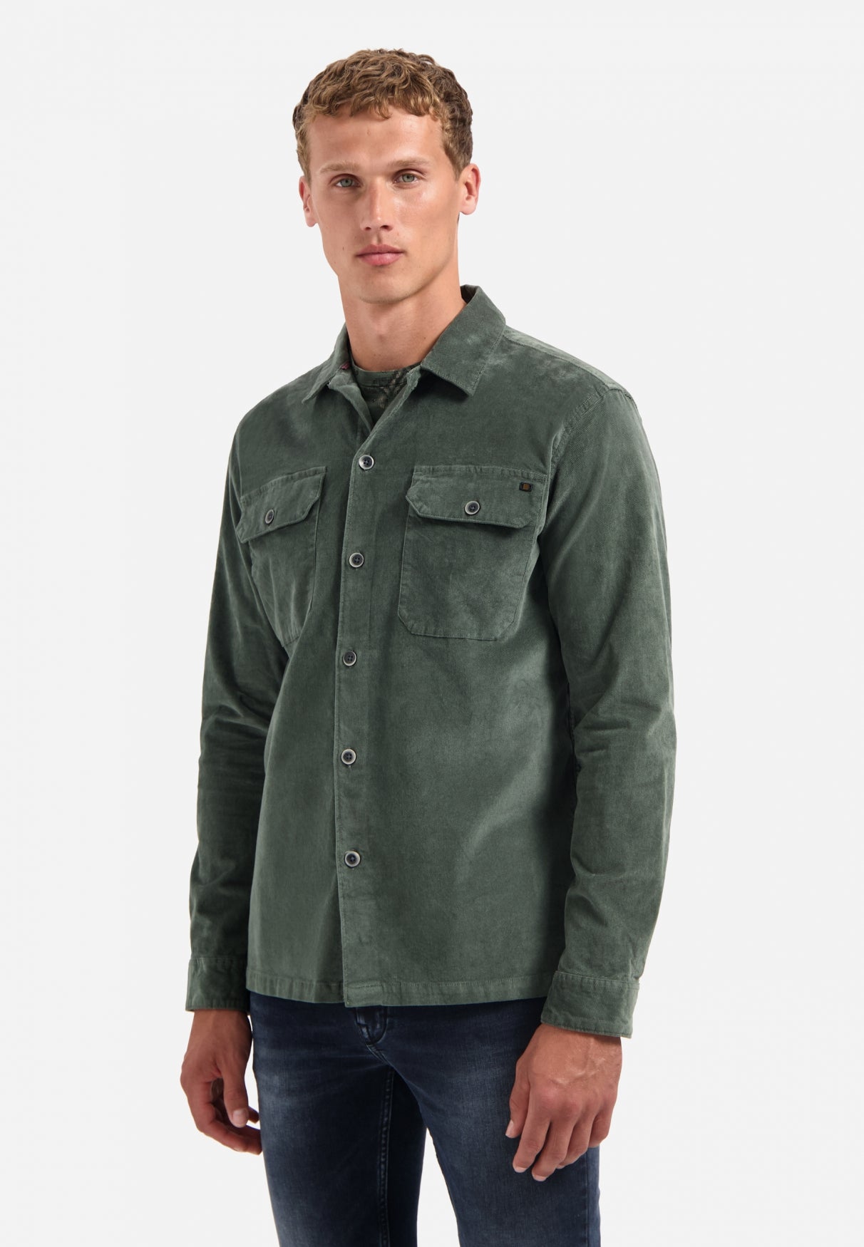 Buttoned velvet overshirt | Dark Green