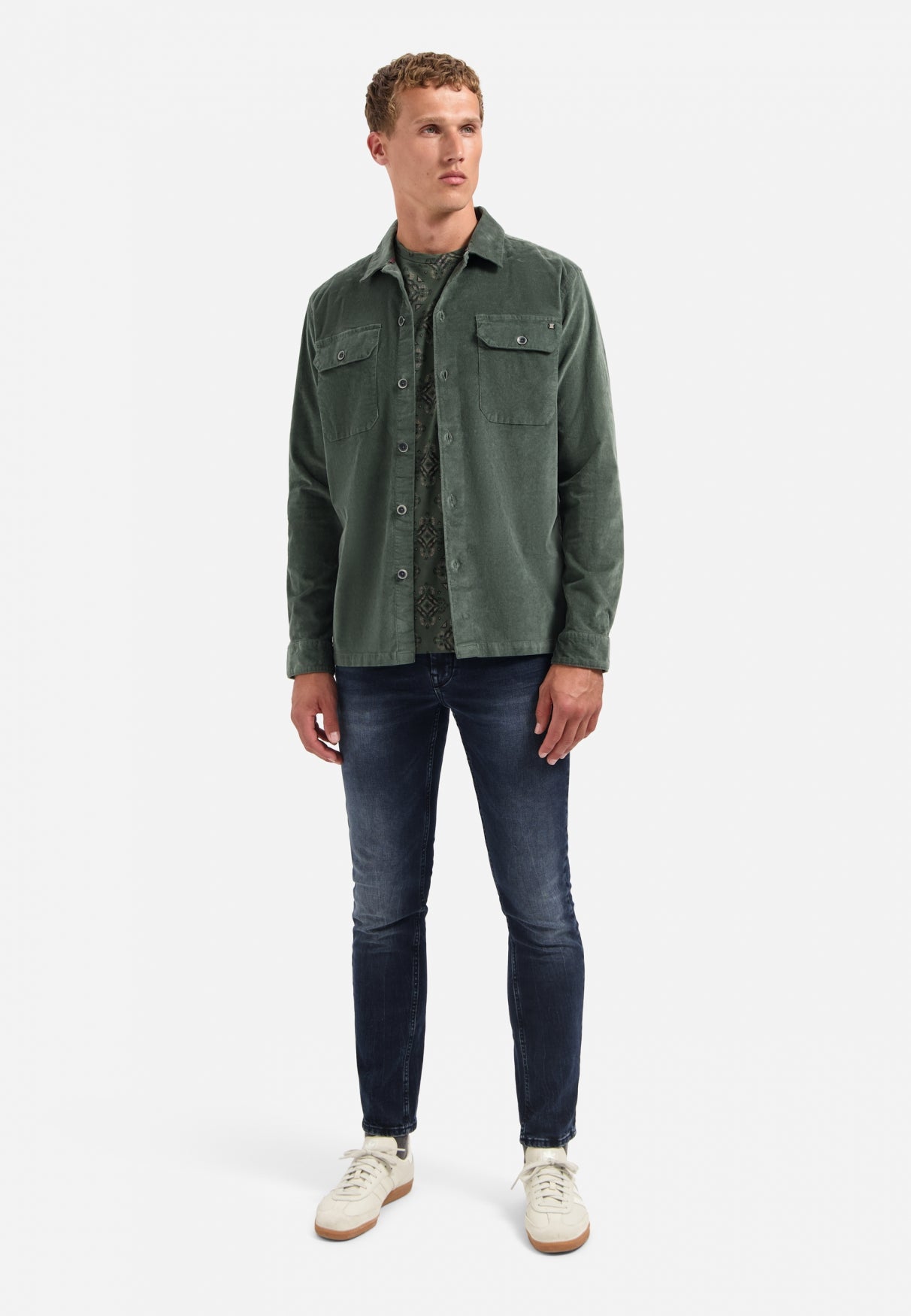 Buttoned velvet overshirt | Dark Green