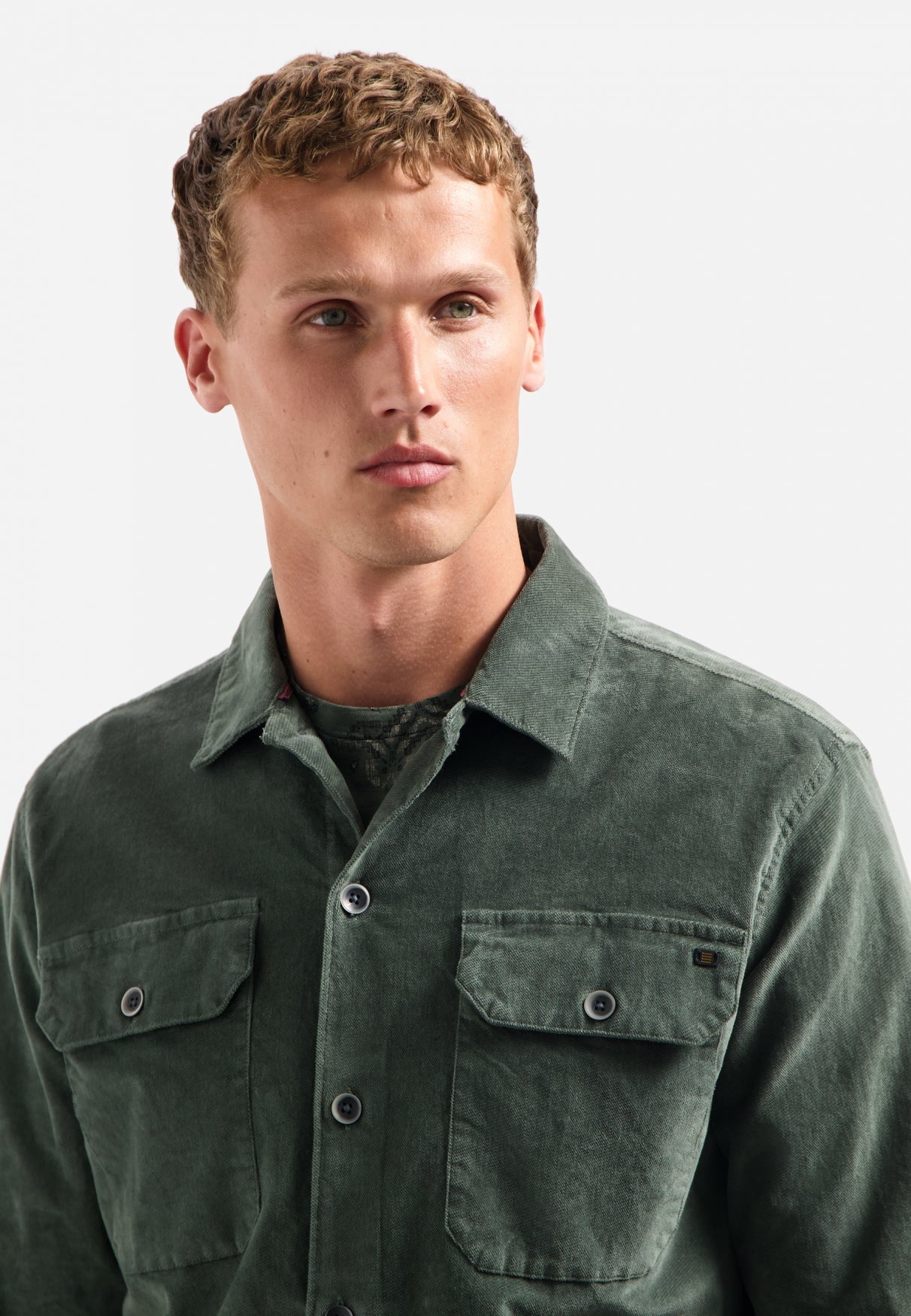 Buttoned velvet overshirt | Dark Green