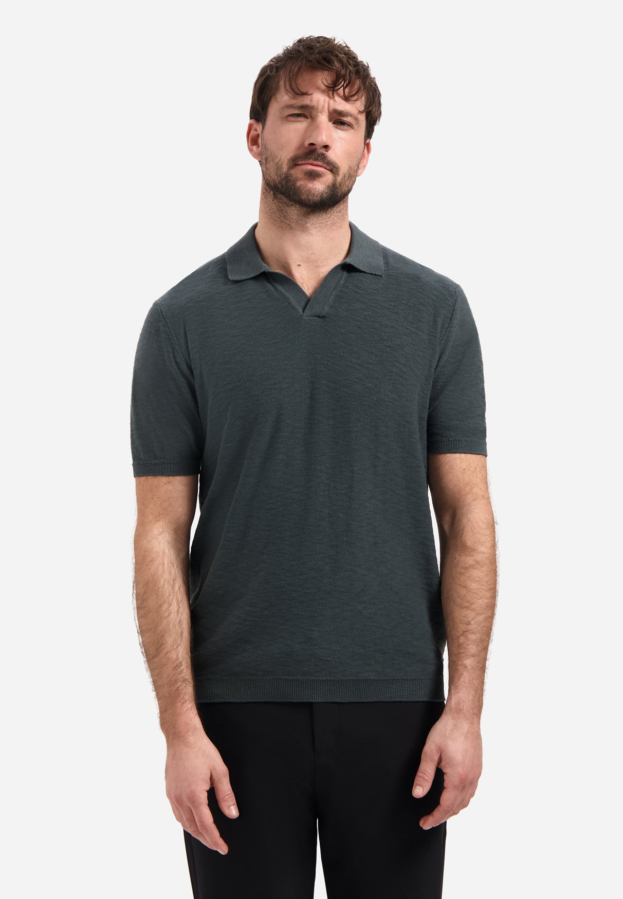 Knitted V-neck polo shirt | Dark Steel
