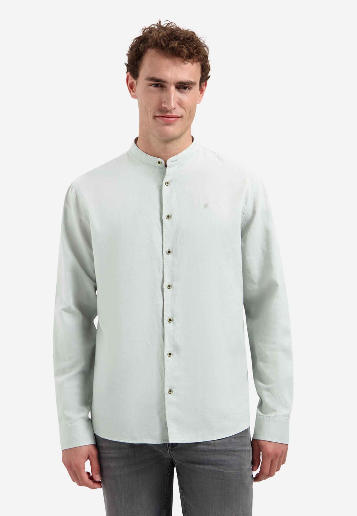 Chemise en lin mélangé avec col montant | Dusty Green
