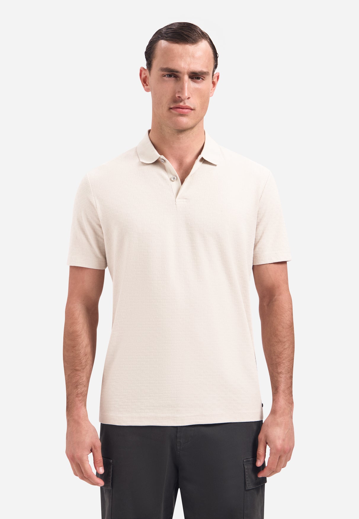 Gestructureerde V-hals polo met korte mouwen | Stone