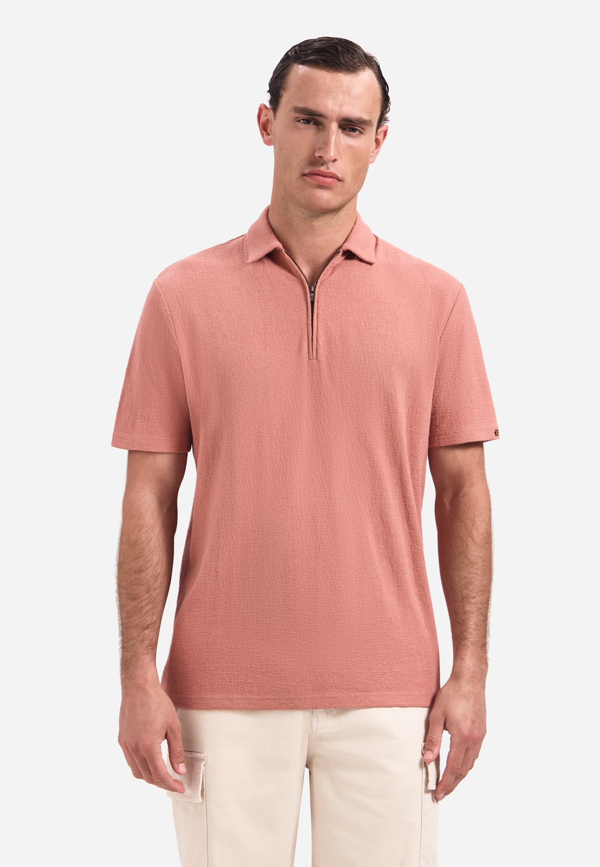 V-hals polo met korte mouwen en ritssluiting | Coral