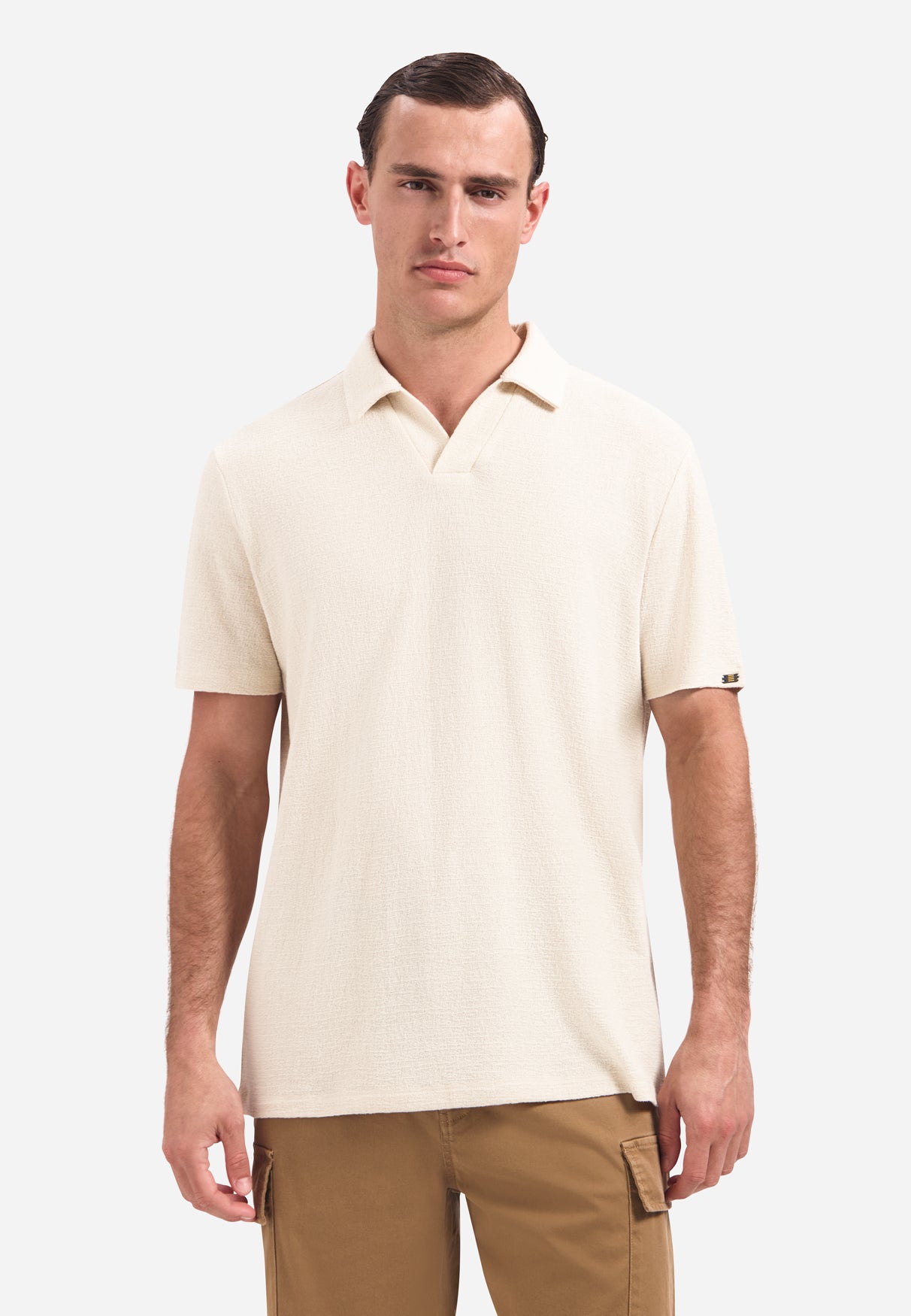 Textured V-hals polo met korte mouwen | Stone
