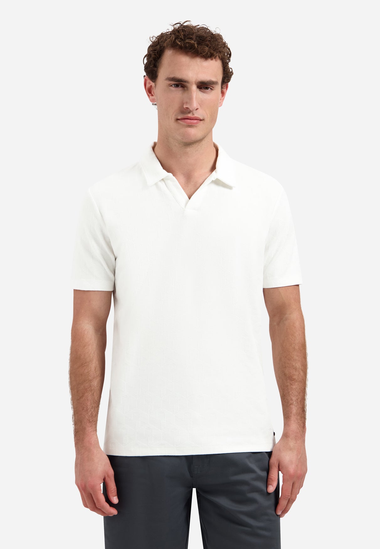 V-hals polo met korte mouwen en jacquardprint | Wit