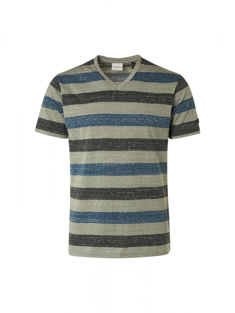 T-Shirt V-Neck Melange Stripes | Light Army