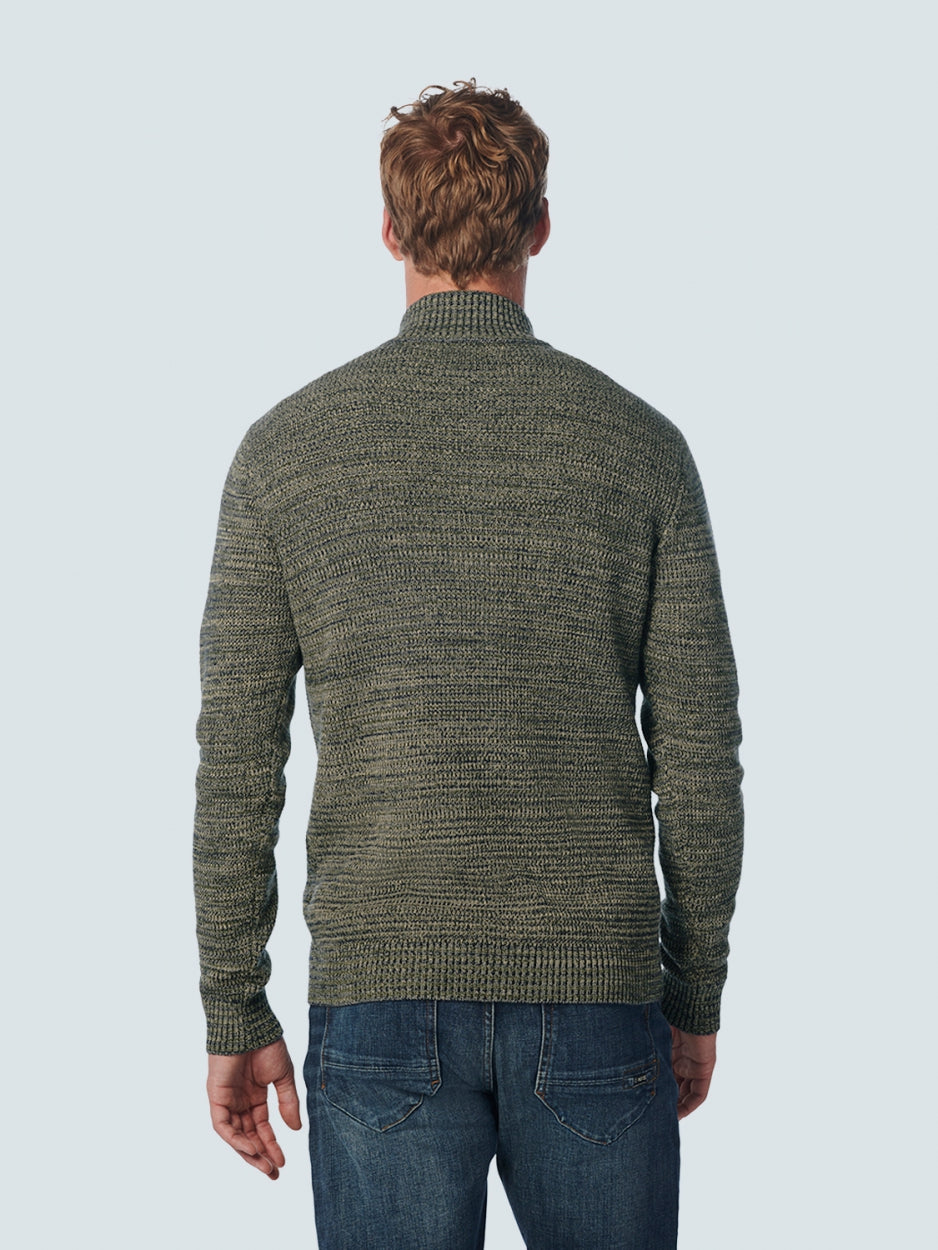 Pullover Half Zipper + Button Multi Coloured Jacquard | Dark Green