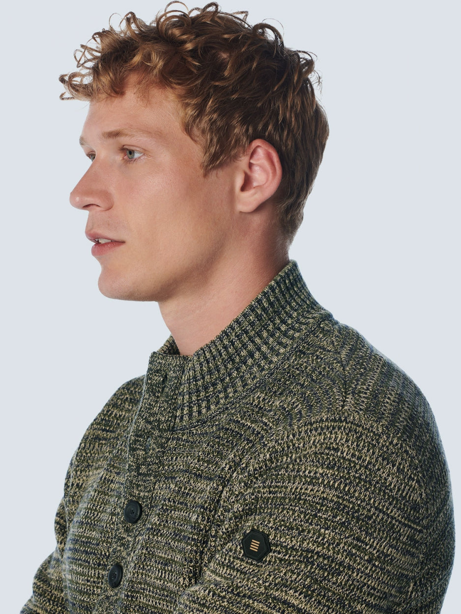 Pullover Half Zipper + Button Multi Coloured Jacquard | Dark Green