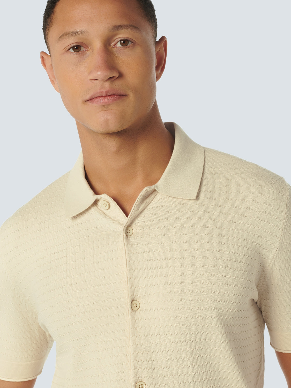 Pullover Short Sleeve Full Button Mix Jacquard Solid | Cream