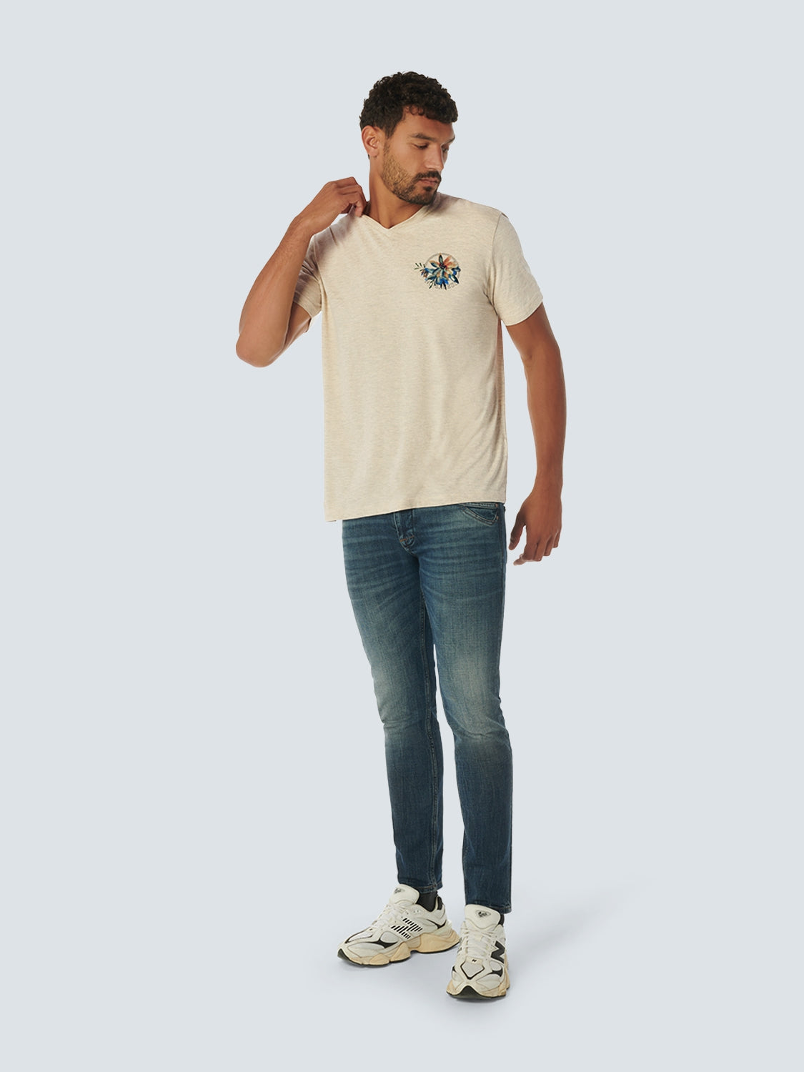 T-Shirt V-Neck Melange Garment Dyed Placed Print | Cement