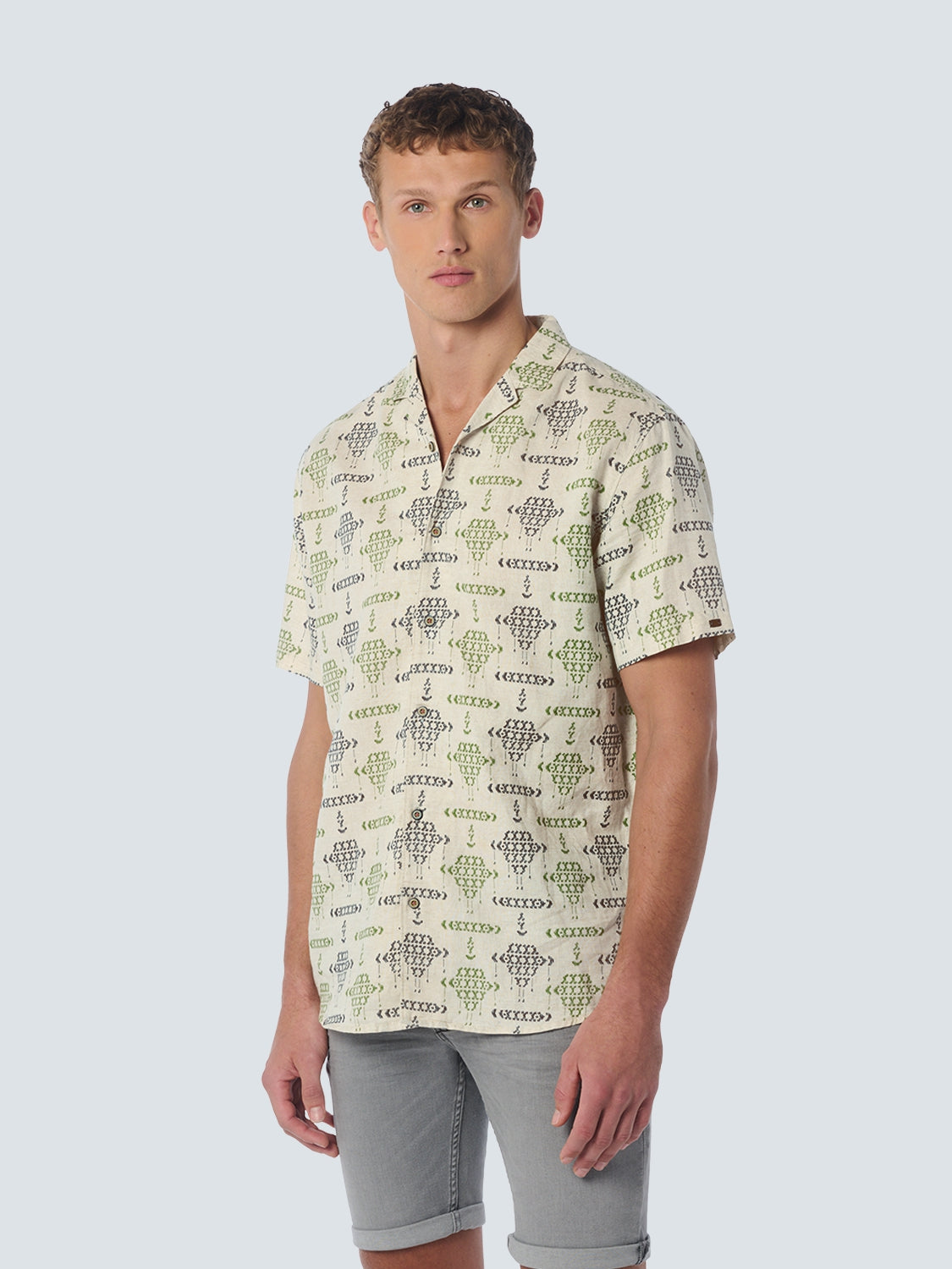 Shirt Short Sleeve Resort Collar Allover Printed With Linen | Cement