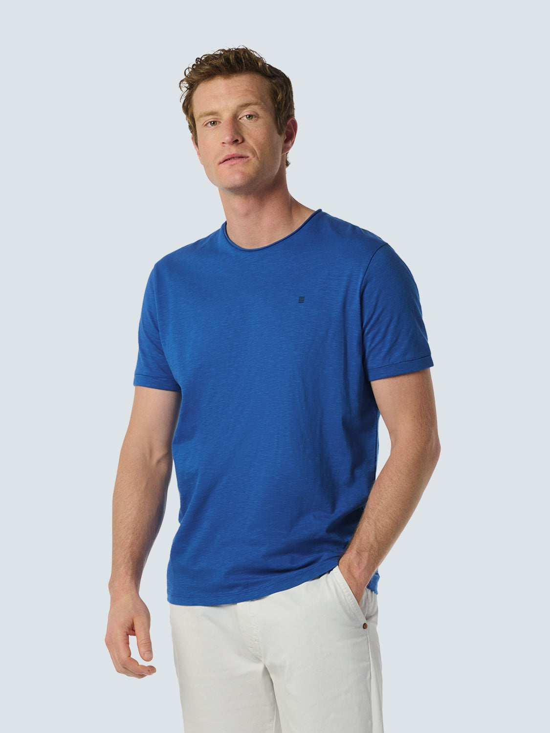 Round Neck T-Shirt with Rolled Sleeve Cuffs and Subtle Logo Print | Cobalt