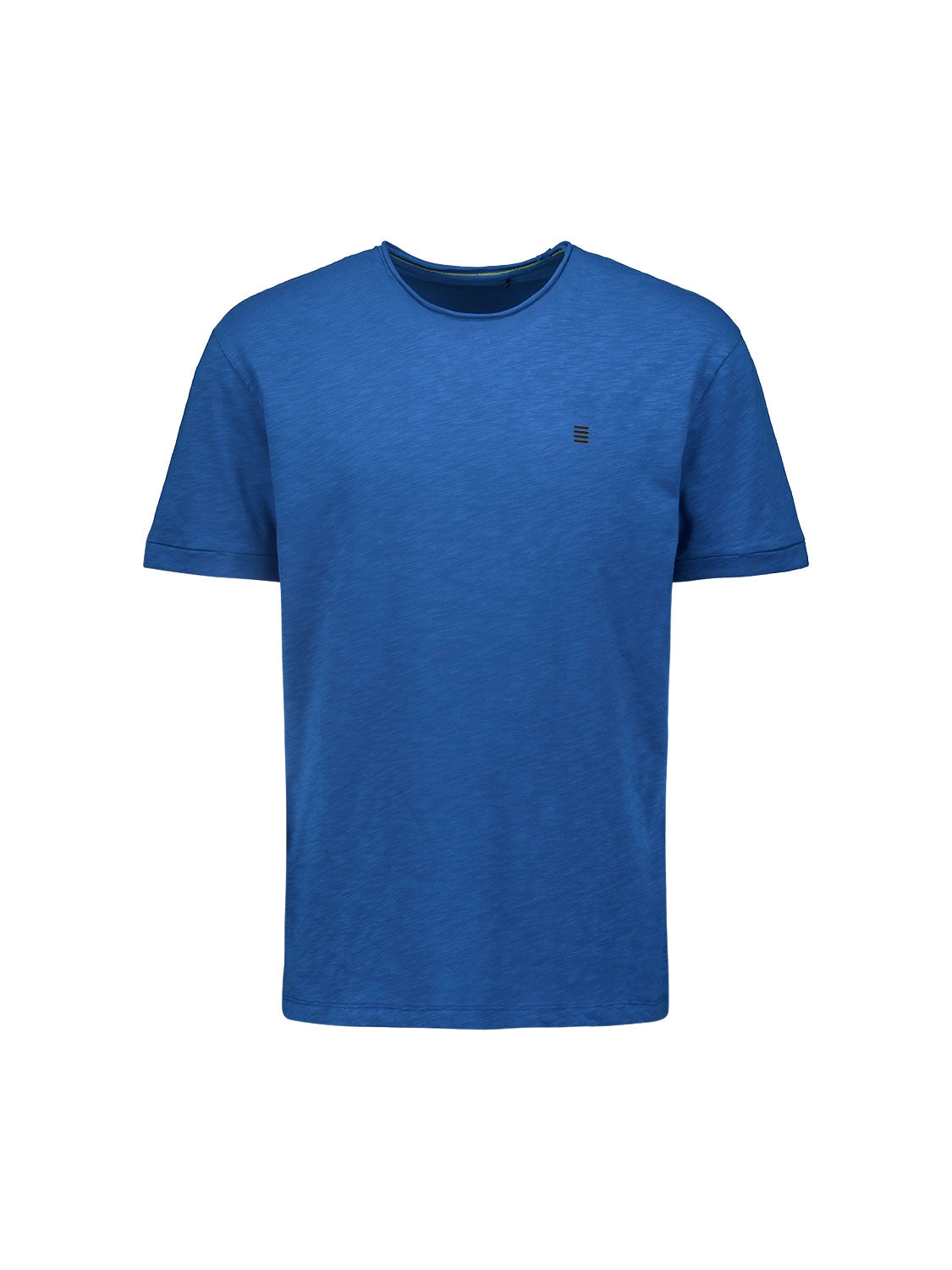 Round Neck T-Shirt with Rolled Sleeve Cuffs and Subtle Logo Print | Cobalt