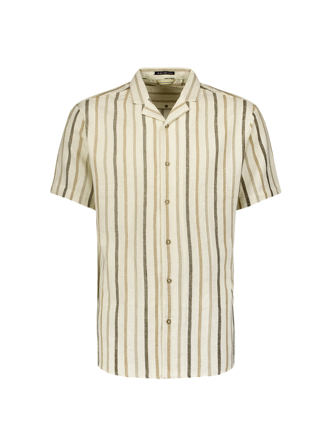 Short-sleeved shirt with resort collar and 3 neutral-colored stripes | Cement