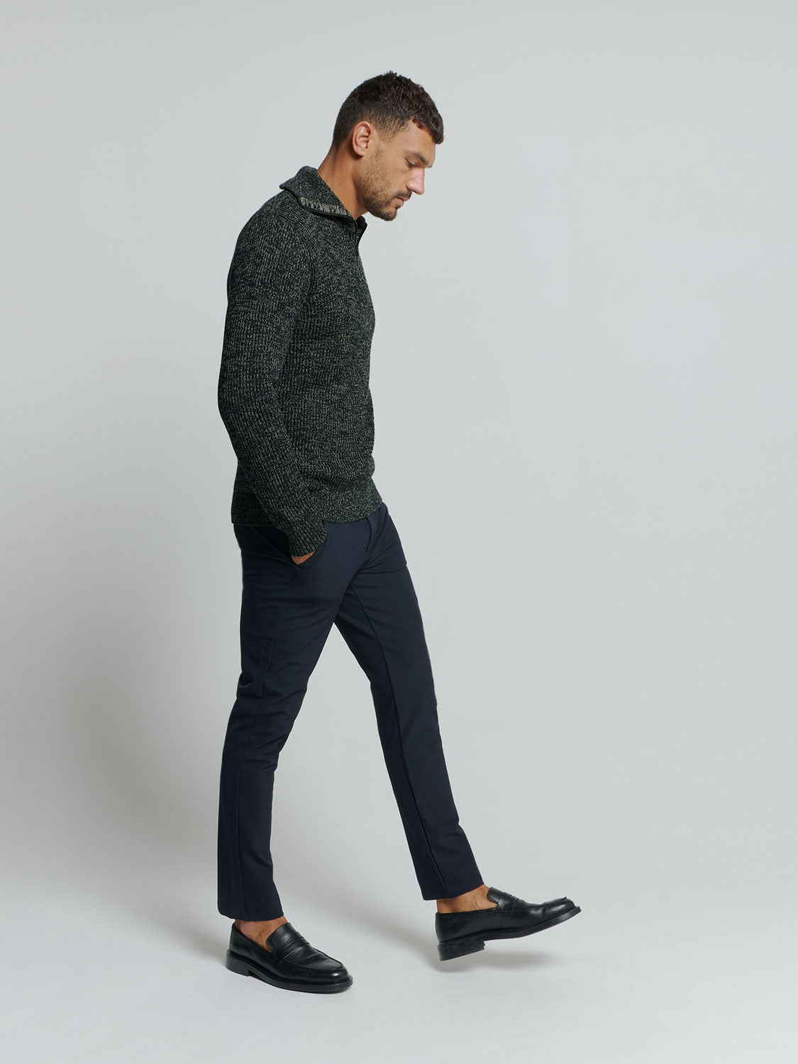 Half-Zip Sweater with High Collar in Three-Tone Ribbed Design: Modern Elegance and Comfort | Night