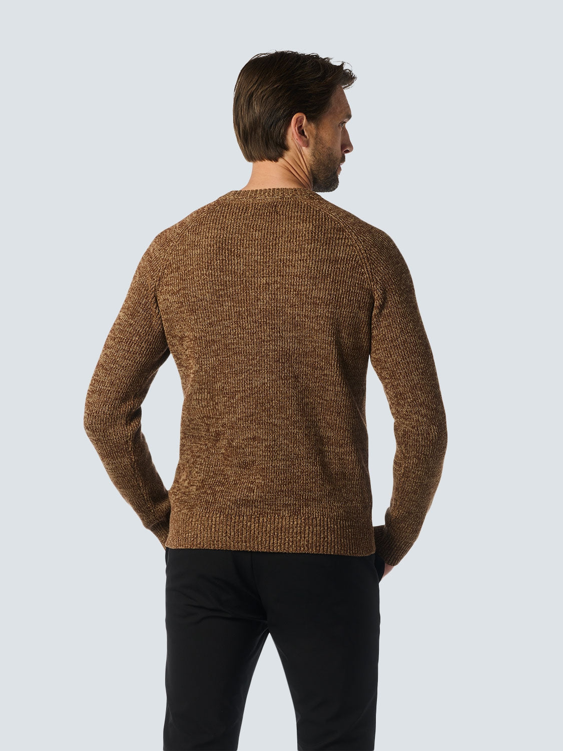 Round Neck Sweater with Tri-Color Rib Pattern: Stylish Comfort with a Colorful Twist | Brown