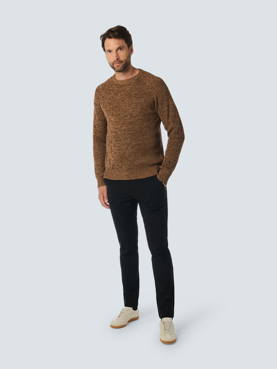 Round Neck Sweater with Tri-Color Rib Pattern: Stylish Comfort with a Colorful Twist | Brown
