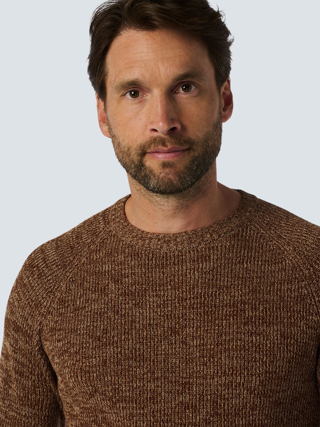 Round Neck Sweater with Tri-Color Rib Pattern: Stylish Comfort with a Colorful Twist | Brown