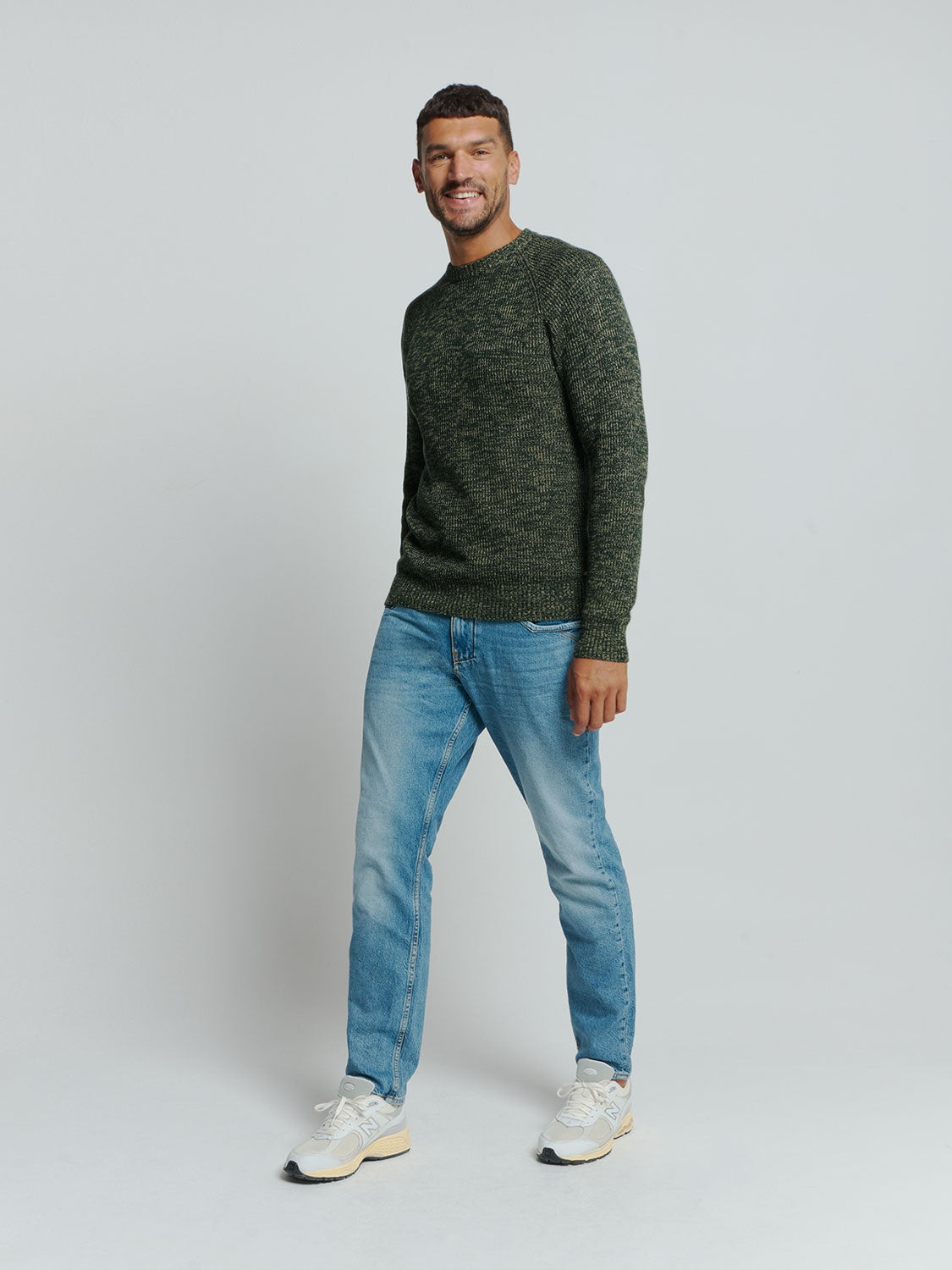 Round Neck Sweater with Tri-Color Rib Pattern: Stylish Comfort with a Colorful Twist | Dark Green