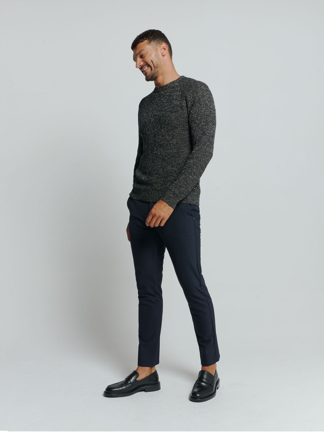 Round Neck Sweater with Tri-Color Rib Pattern: Stylish Comfort with a Colorful Twist | Night