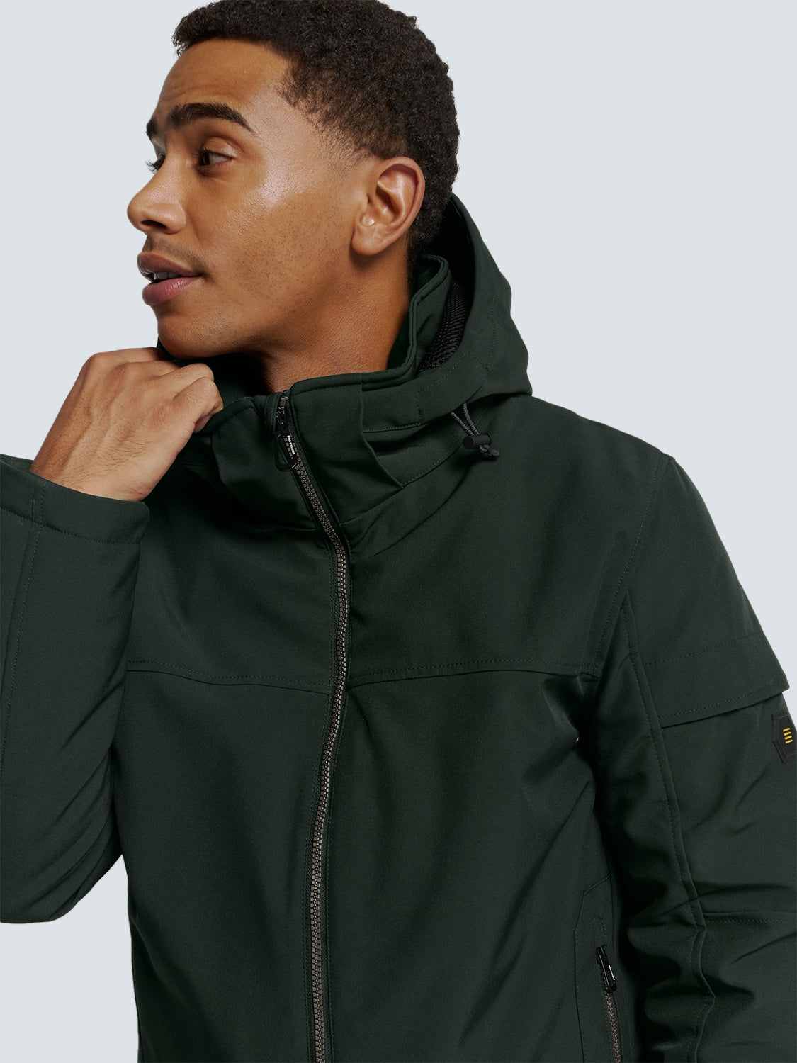 Short Softshell Jacket with Hood, Stretch, and Sleeve Pocket: Functional and Stylish | Dark Moss