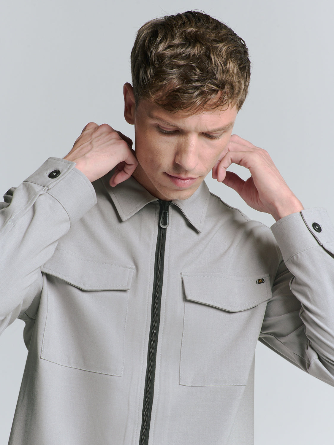 Full zip stretch Overshirt | Grey Melange
