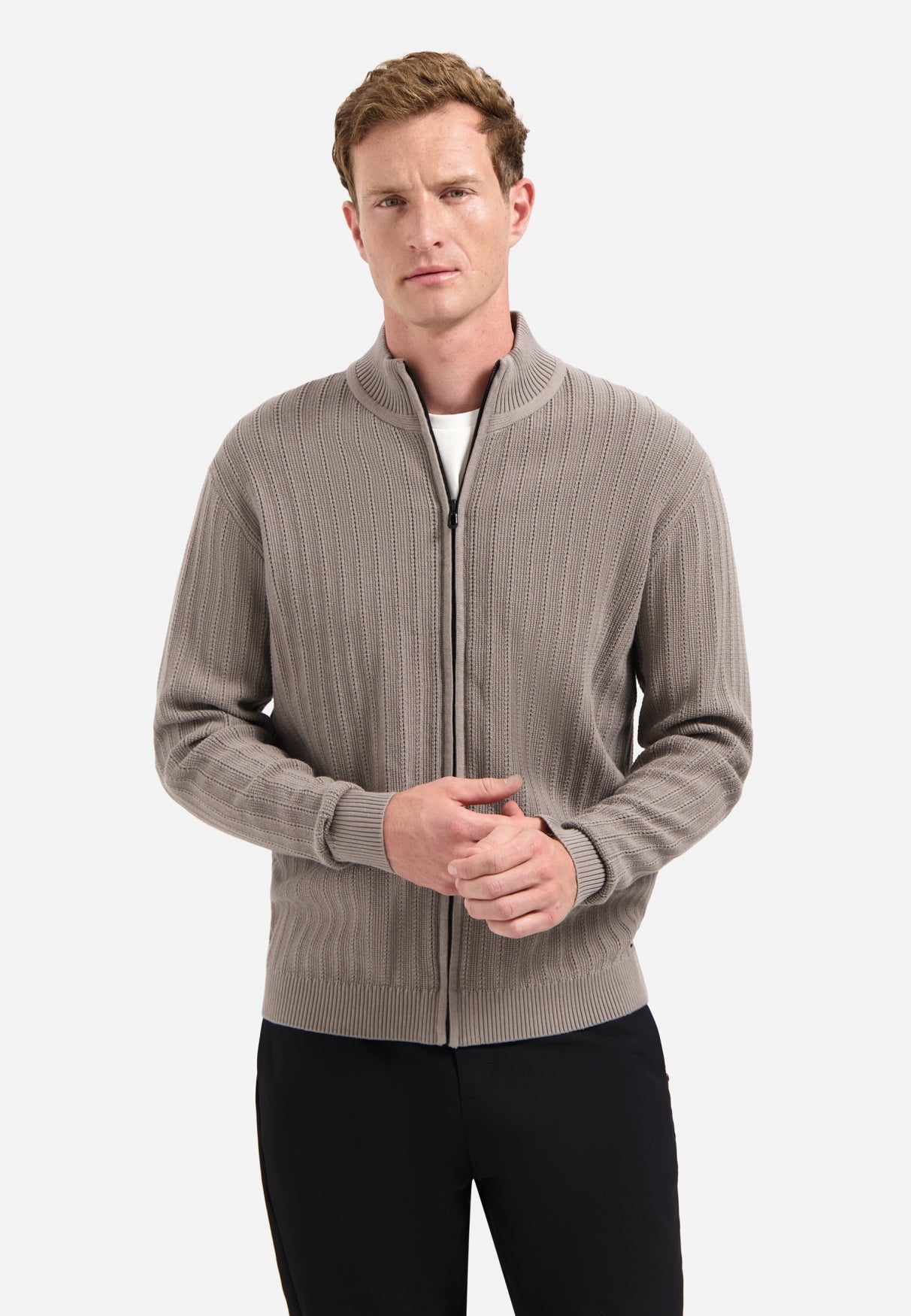 Knitted zip-up cardigan | Clay