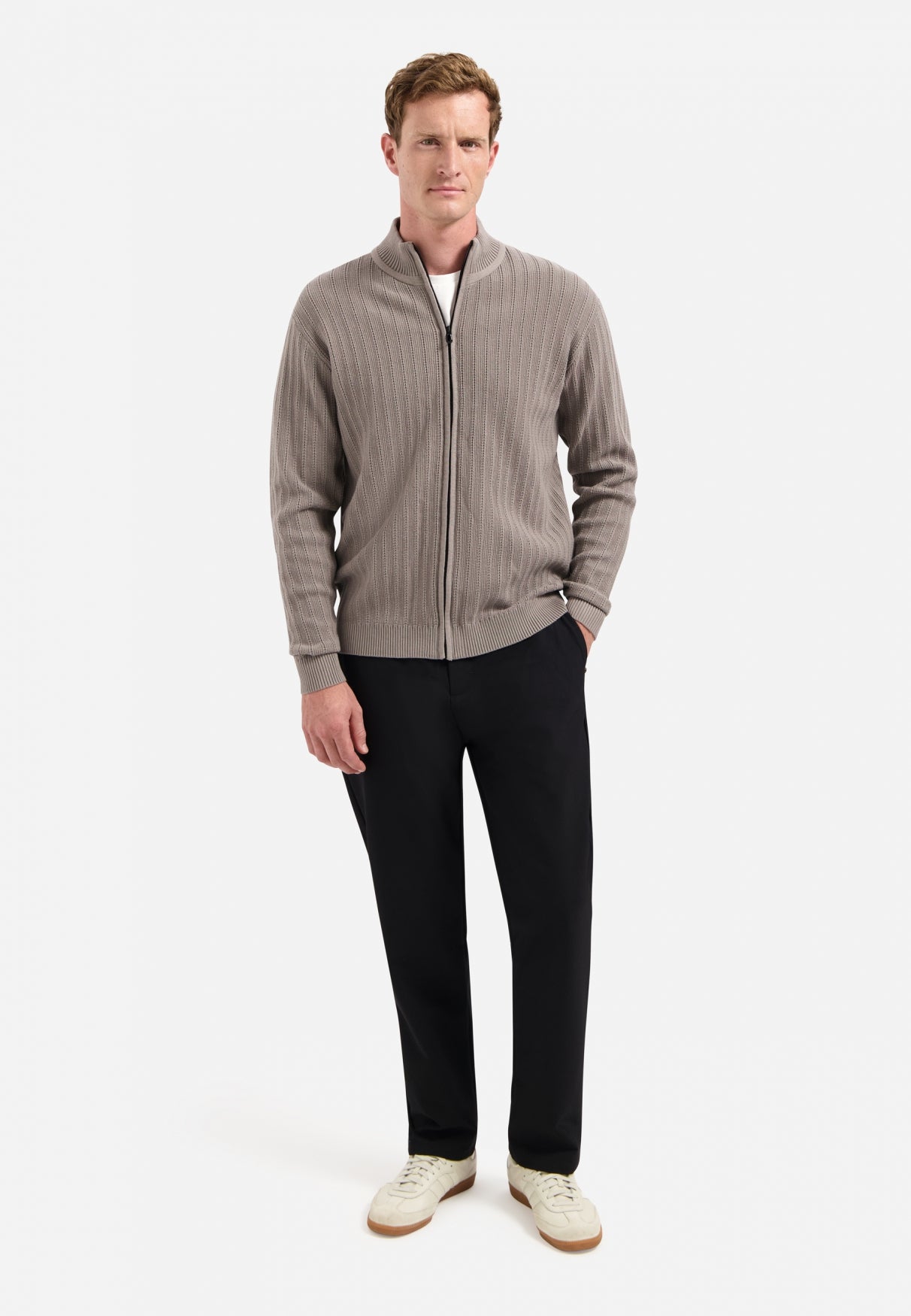 Knitted zip-up cardigan | Clay