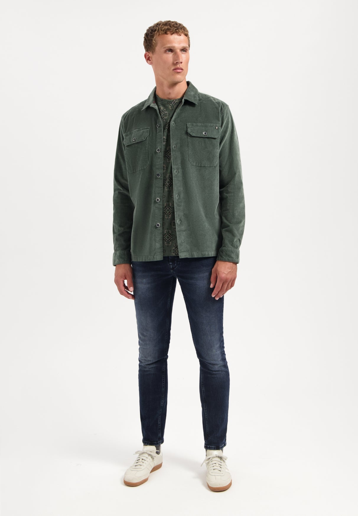 Buttoned velvet overshirt | Dark Green