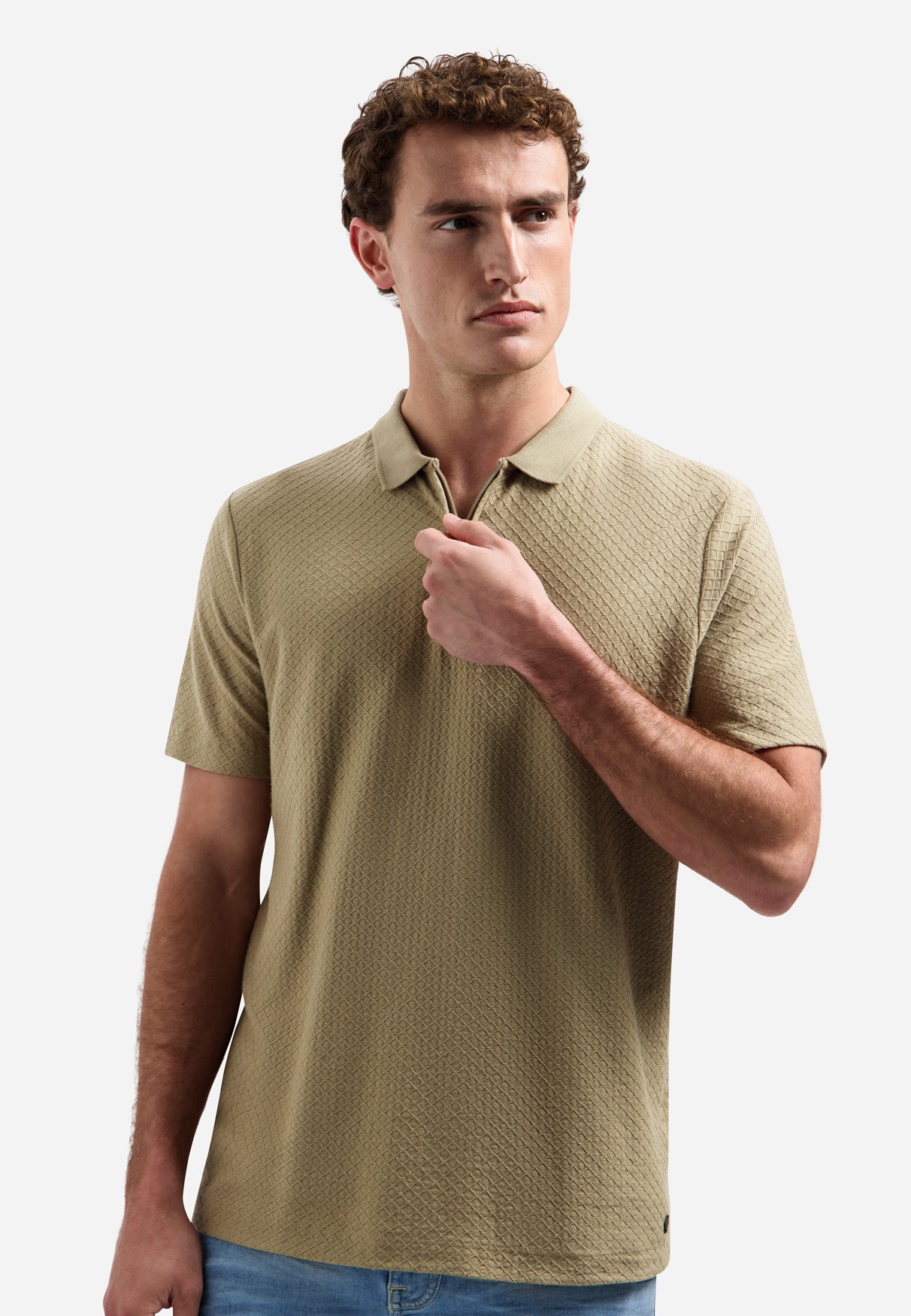 Jacquard polo met rits | Taupe