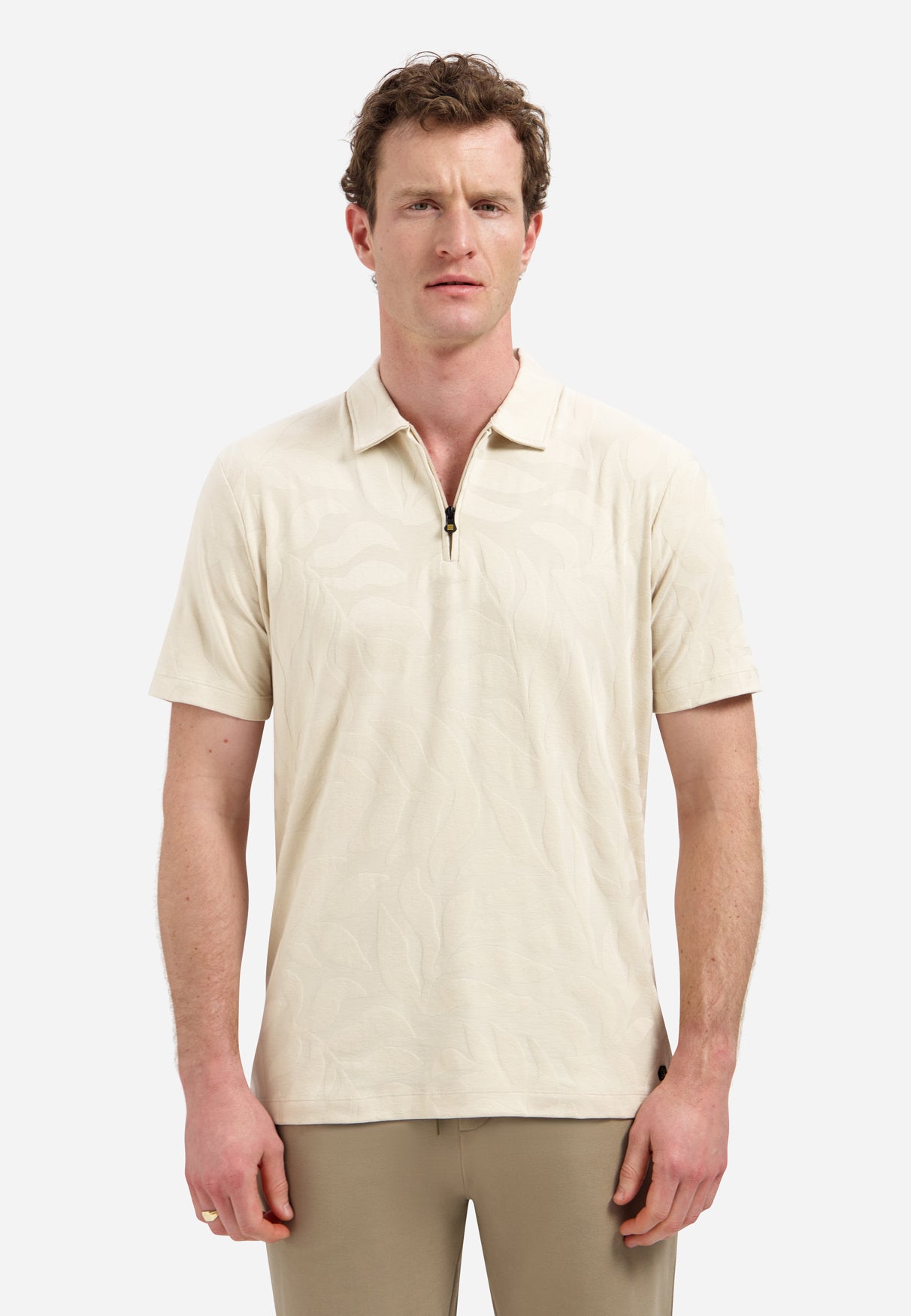Jacquard polo shirt with half-zip | Desert