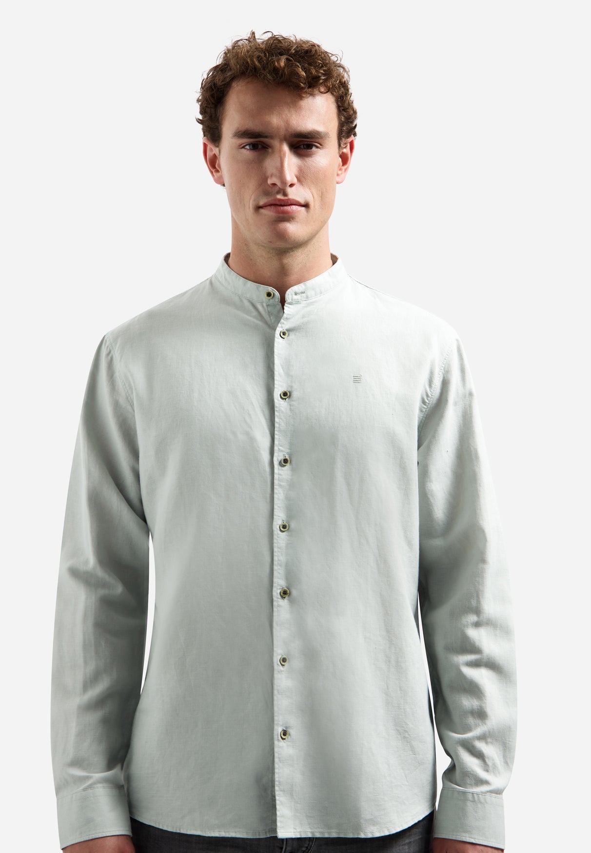 Chemise en lin mélangé avec col montant | Dusty Green