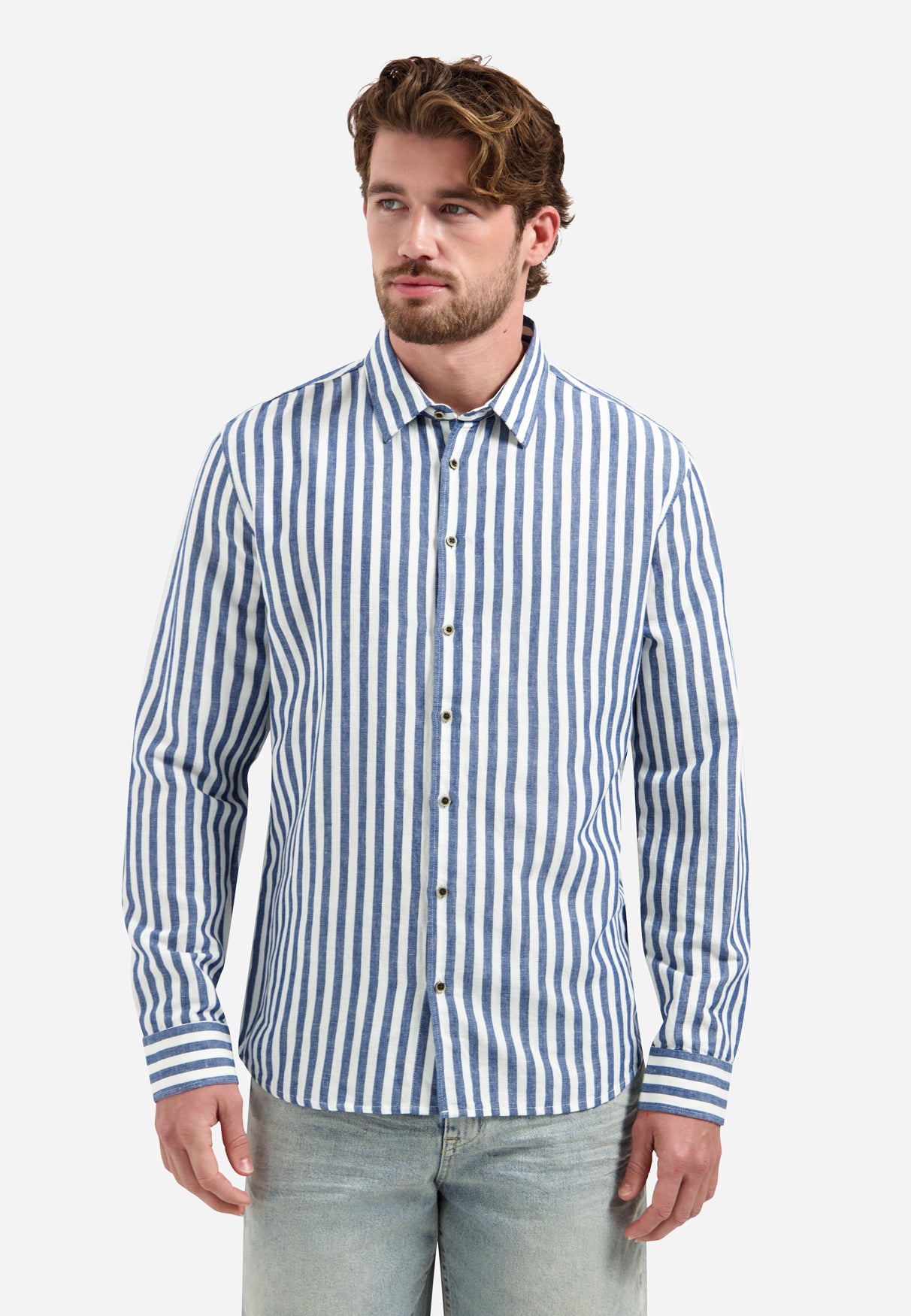 Chemise en lin mélangé à larges rayures | Indigo Blue