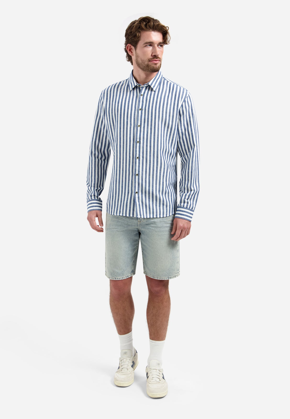 Chemise en lin mélangé à larges rayures | Indigo Blue