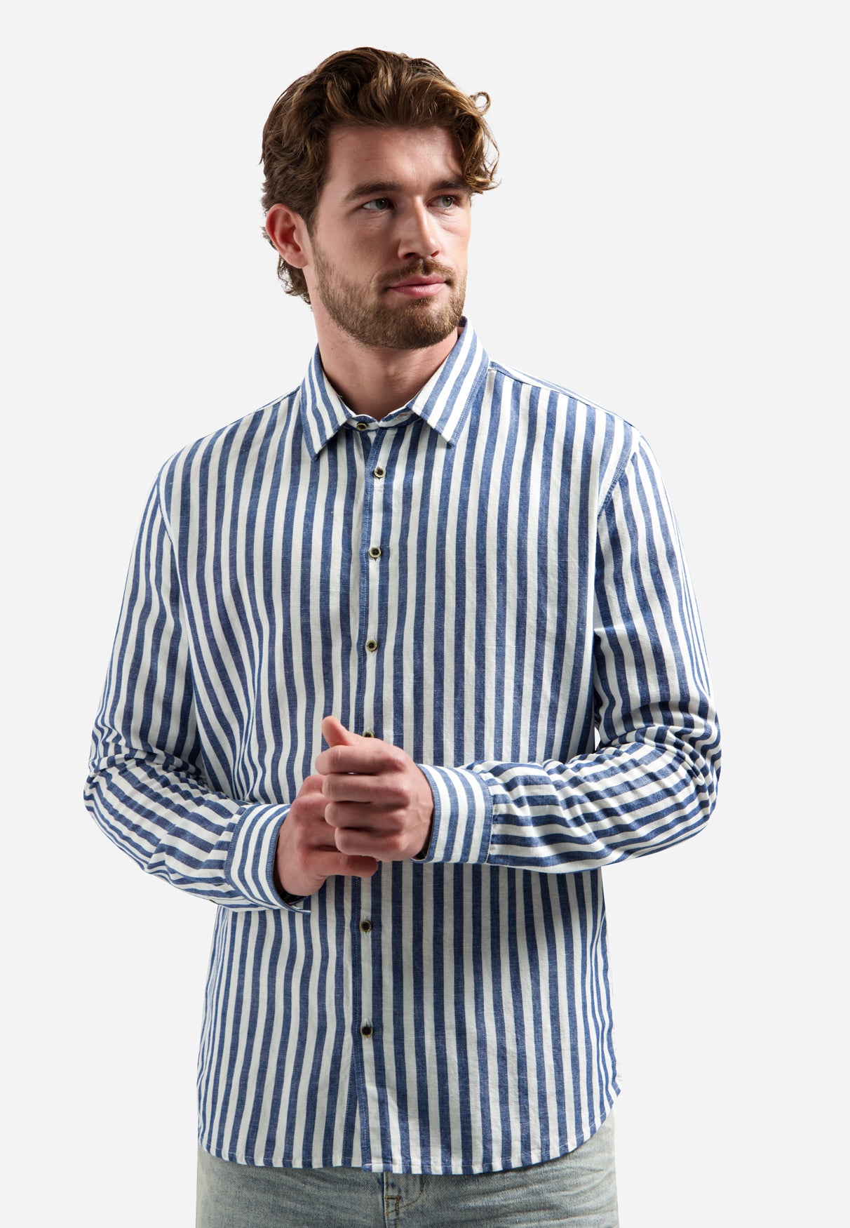 Chemise en lin mélangé à larges rayures | Indigo Blue