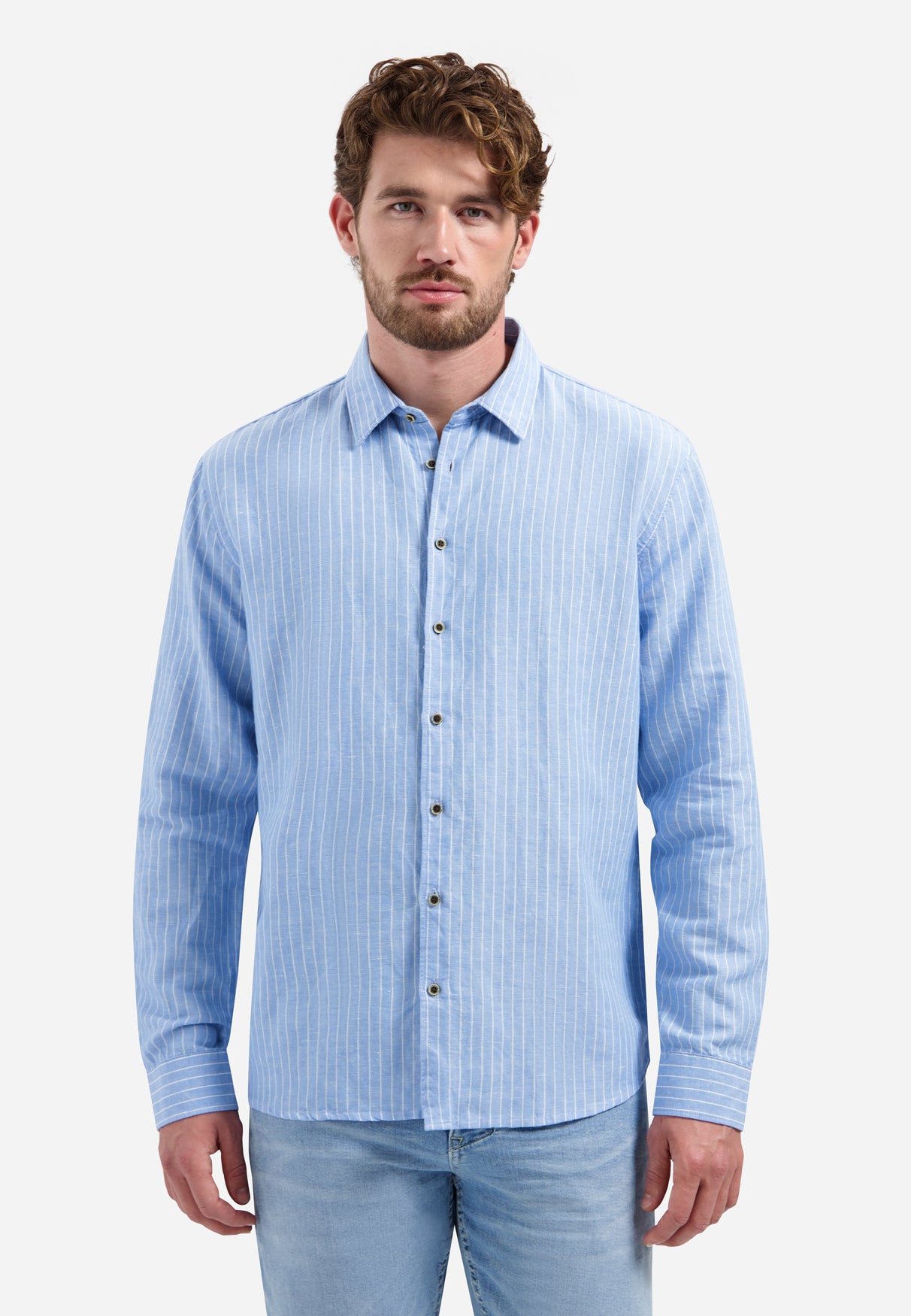 Linen blend shirt with fine stripes | Blue