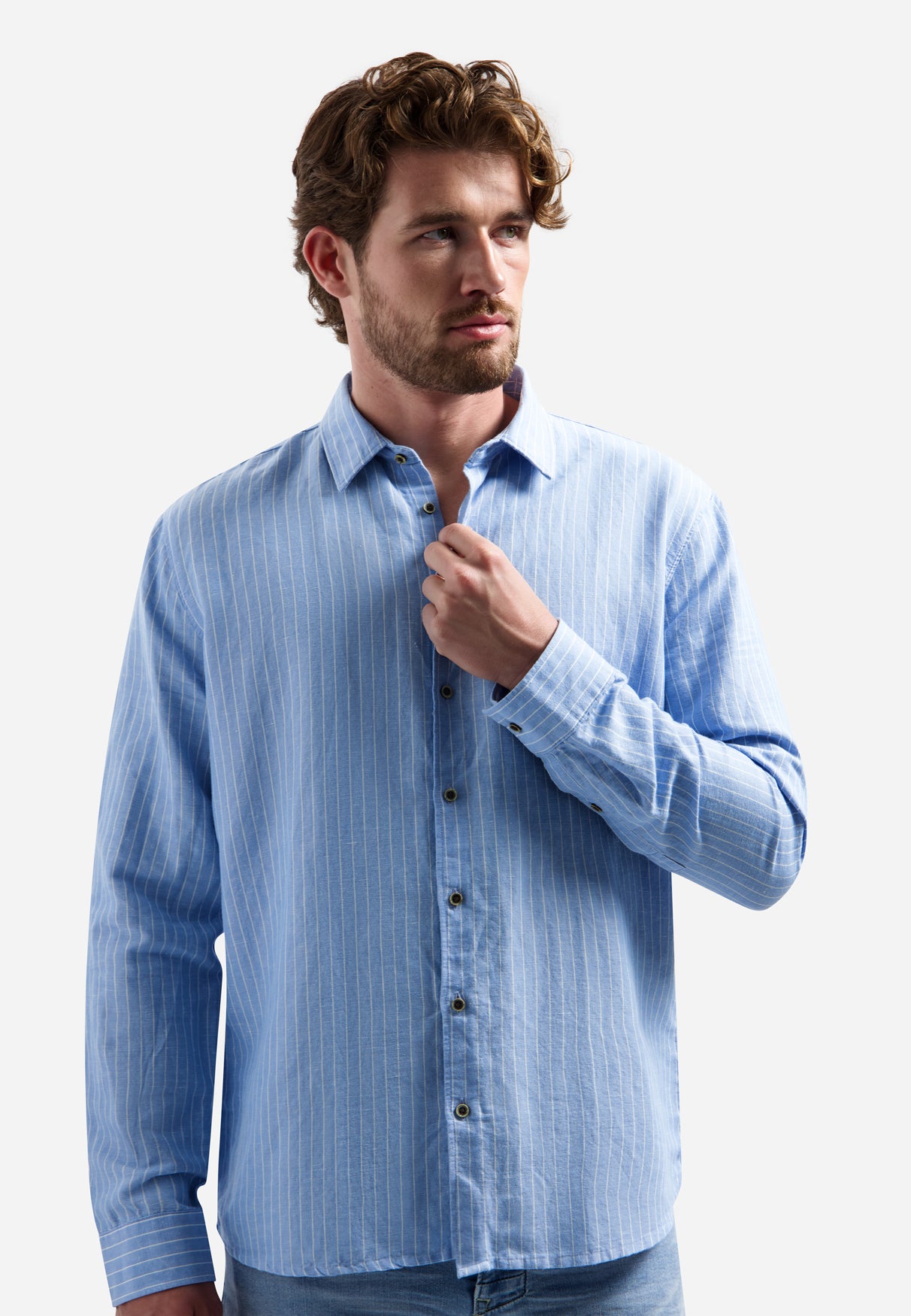 Linen blend shirt with fine stripes | Blue