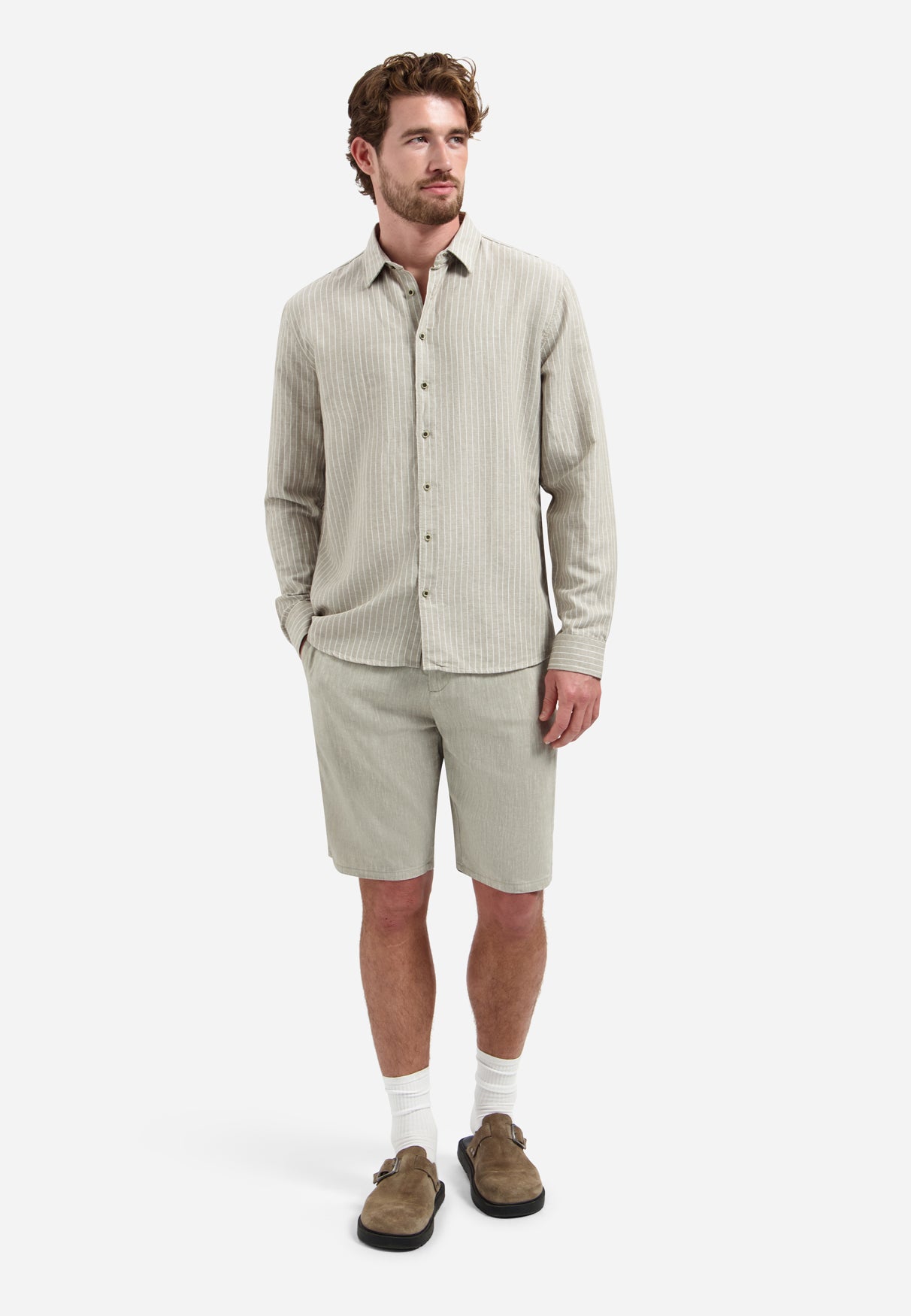 Linnenblend overhemd met fijne streep | Taupe