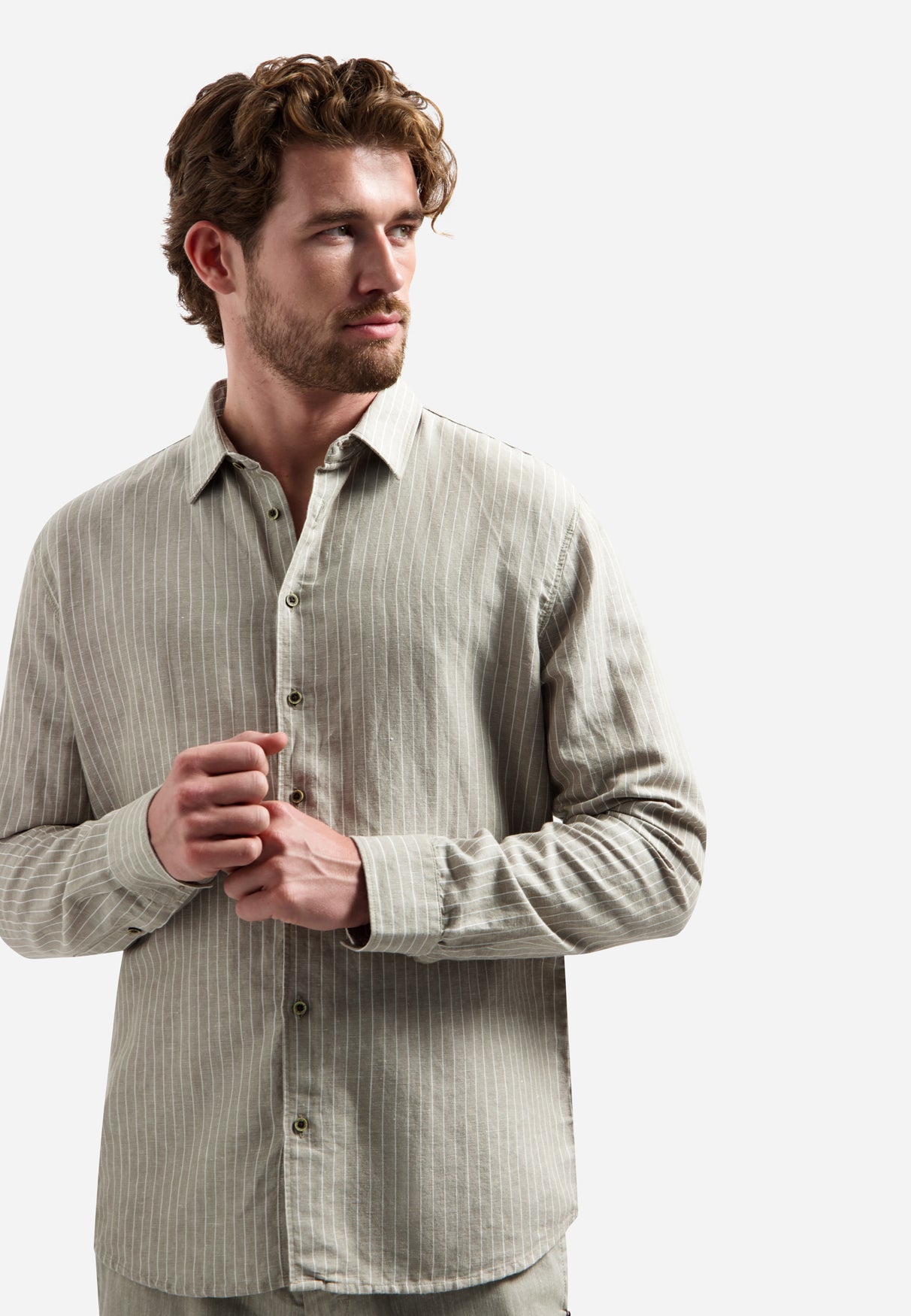Linnenblend overhemd met fijne streep | Taupe