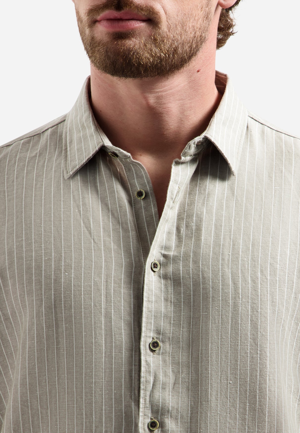 Linnenblend overhemd met fijne streep | Taupe