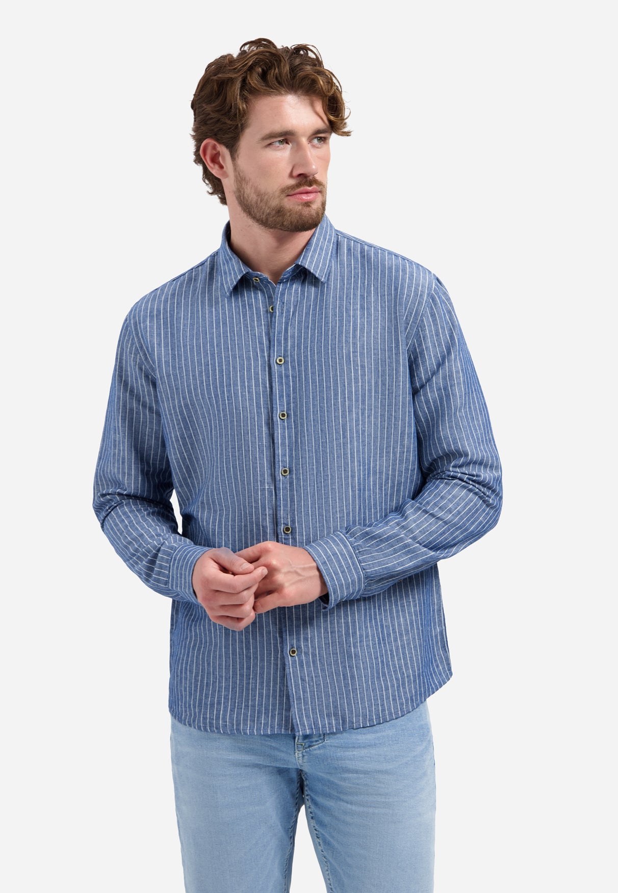 Linen blend shirt with fine stripes | Indigo Blue