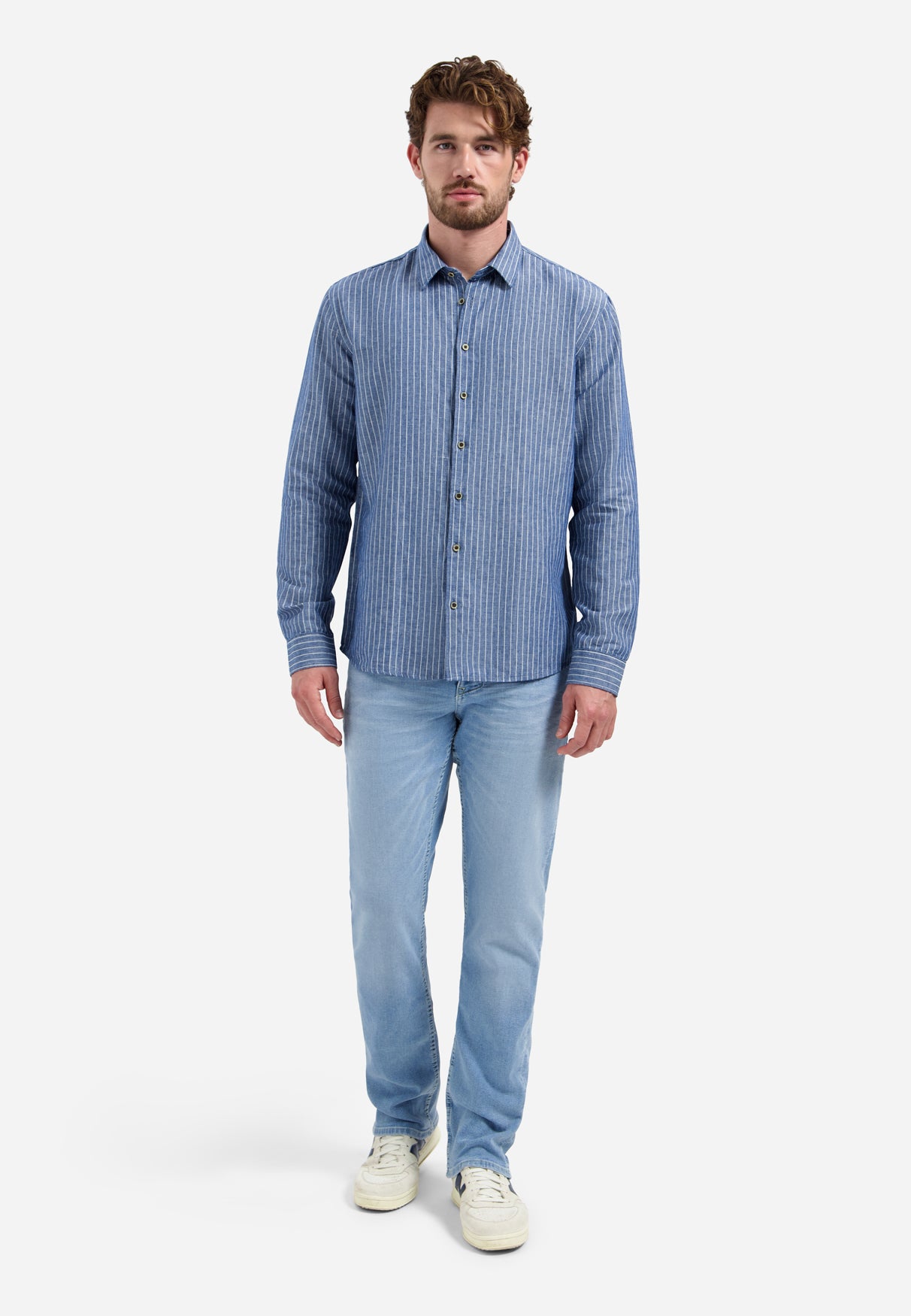 Linen blend shirt with fine stripes | Indigo Blue