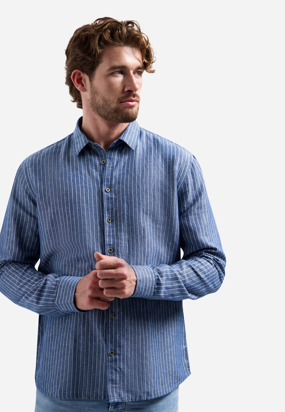 Linen blend shirt with fine stripes | Indigo Blue