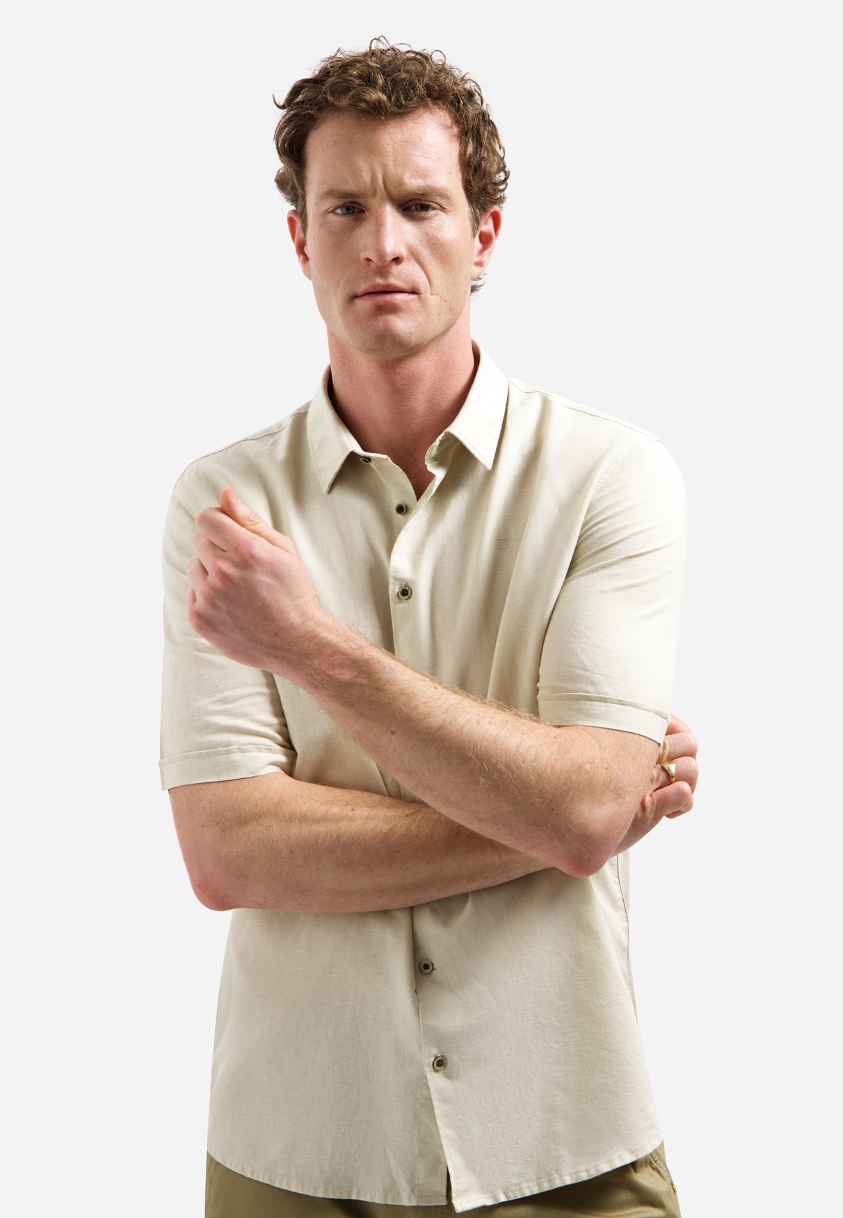 Short-sleeved linen blend shirt | Desert